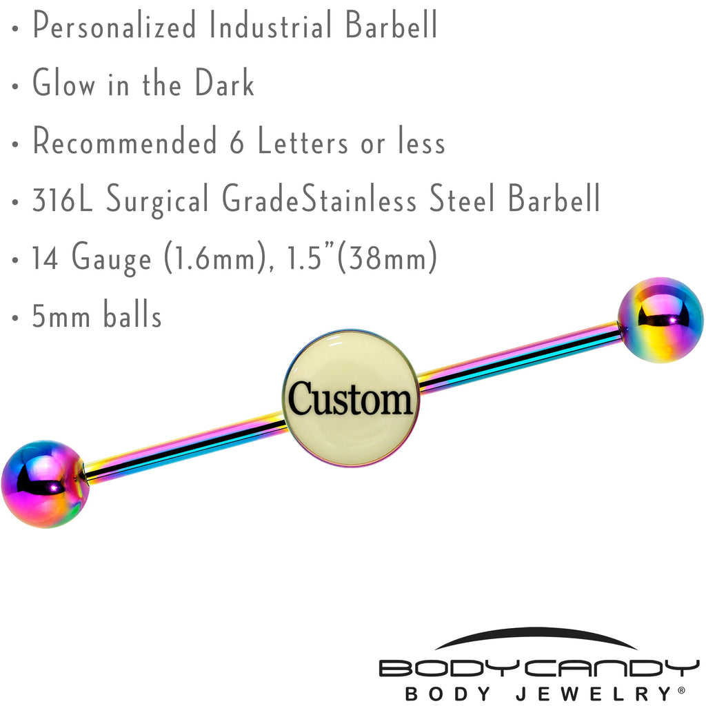 BodyCandy Custom Glow in the Dark Personalized Industrial Barbell in Rainbow Titanium — lifestyle context