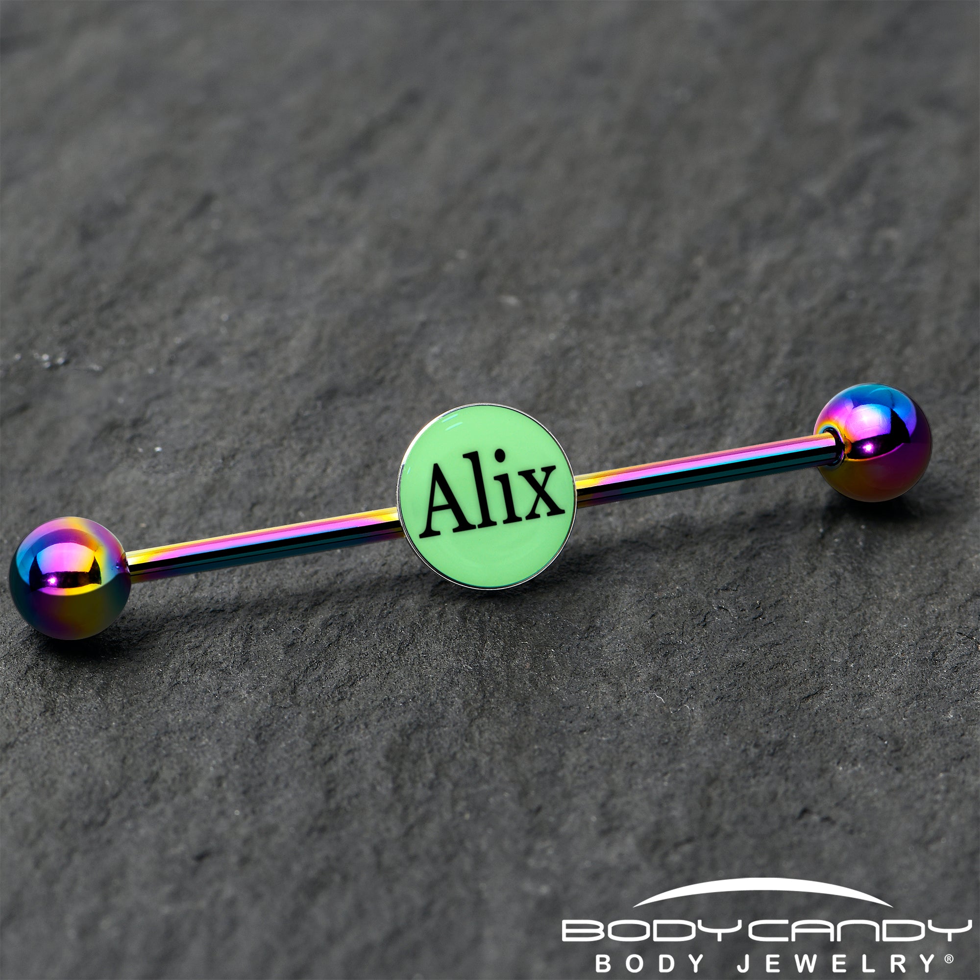 BodyCandy Custom Glow in the Dark Personalized Industrial Barbell in Rainbow Titanium — side view