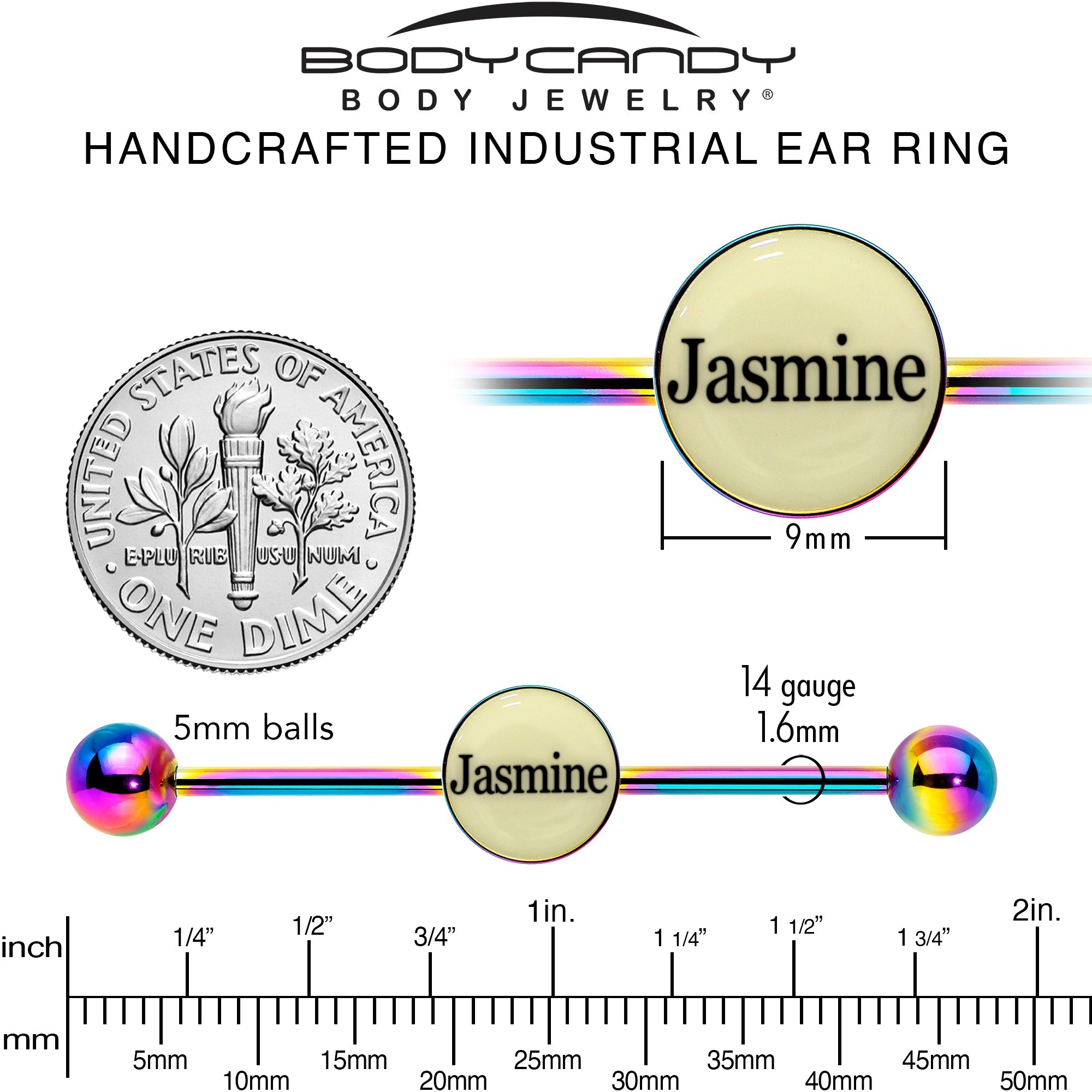 BodyCandy Custom Glow in the Dark Personalized Industrial Barbell in Rainbow Titanium — in-use photo