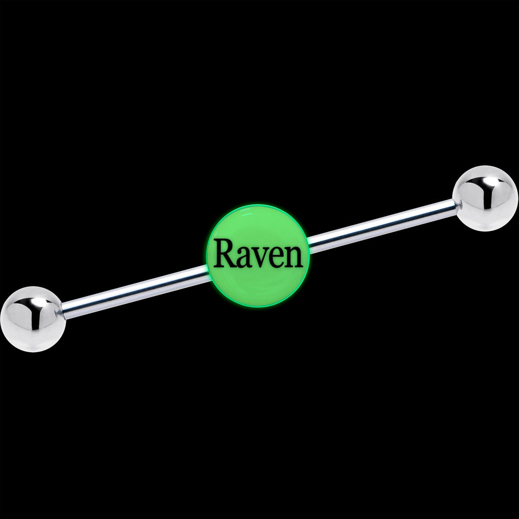 BodyCandy Custom Glow in the Dark Personalized Name Industrial Barbell — detail close-up
