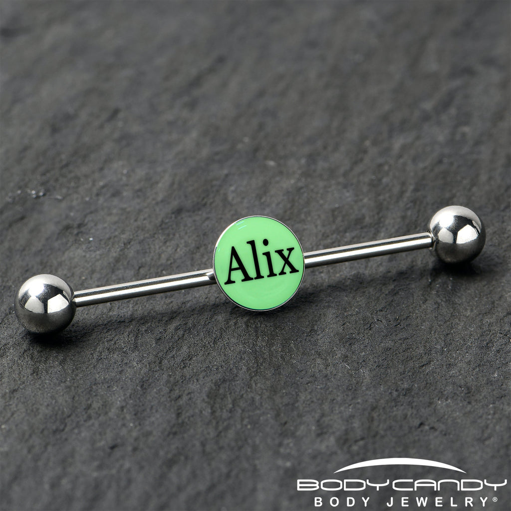 BodyCandy Custom Glow in the Dark Personalized Name Industrial Barbell — in-use photo