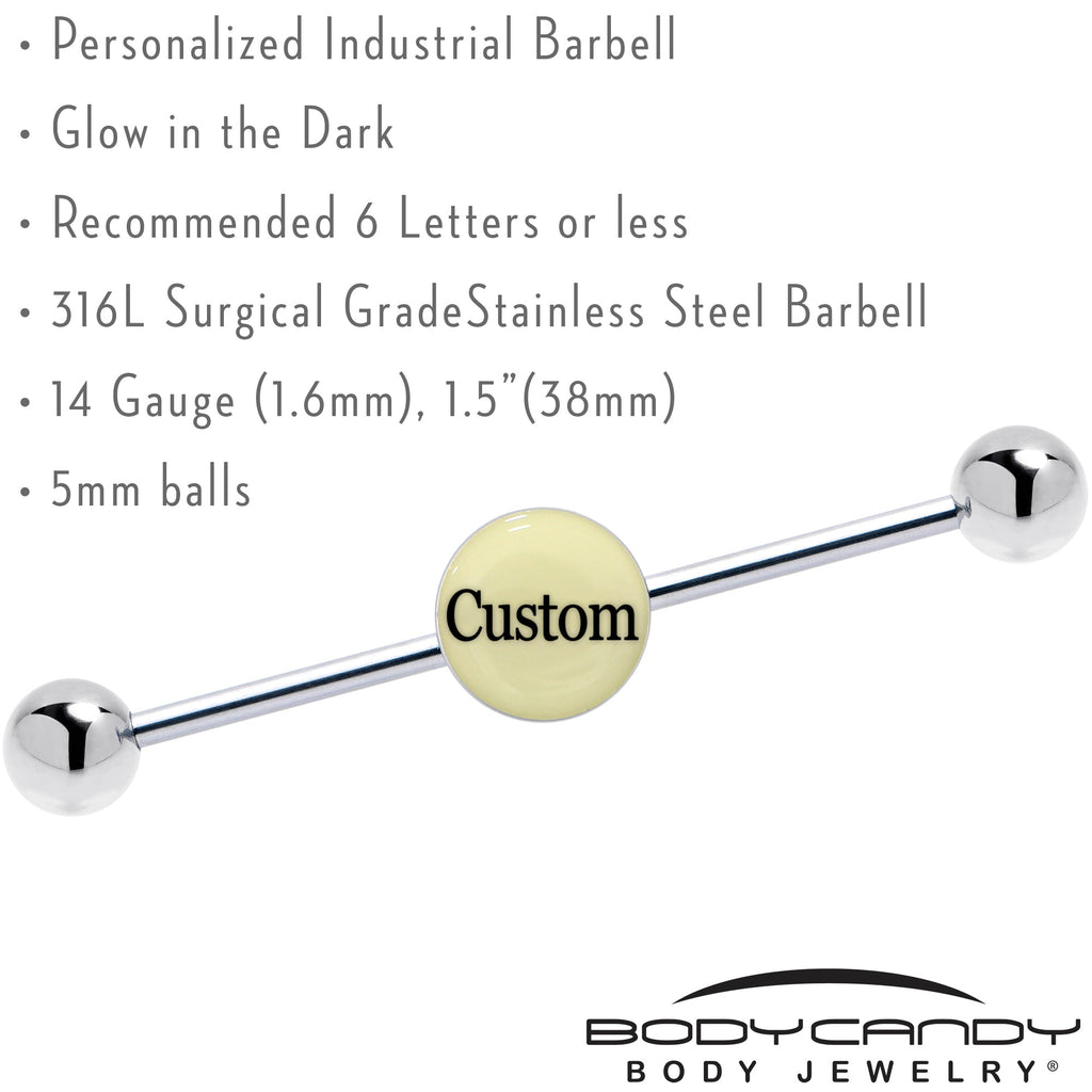BodyCandy Custom Glow in the Dark Personalized Name Industrial Barbell — lifestyle context