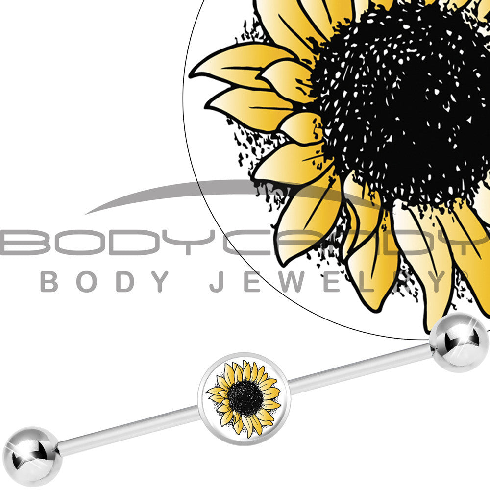 BodyCandy Stainless Steel Yellow Sunflower Industrial Barbell — main product shot
