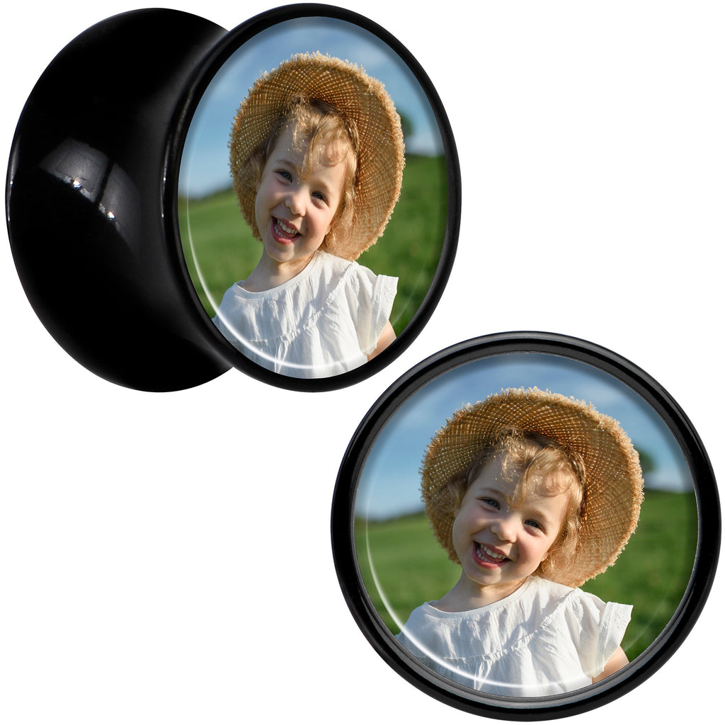 BodyCandy Black Acrylic Custom Photo Saddle Plug - buy 2 for a pair — flat-lay composition