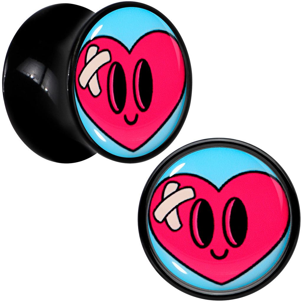 BodyCandy Black Acrylic Heartbreak Bandaged Heart Double Flare Plug Set by Onyx O — size reference