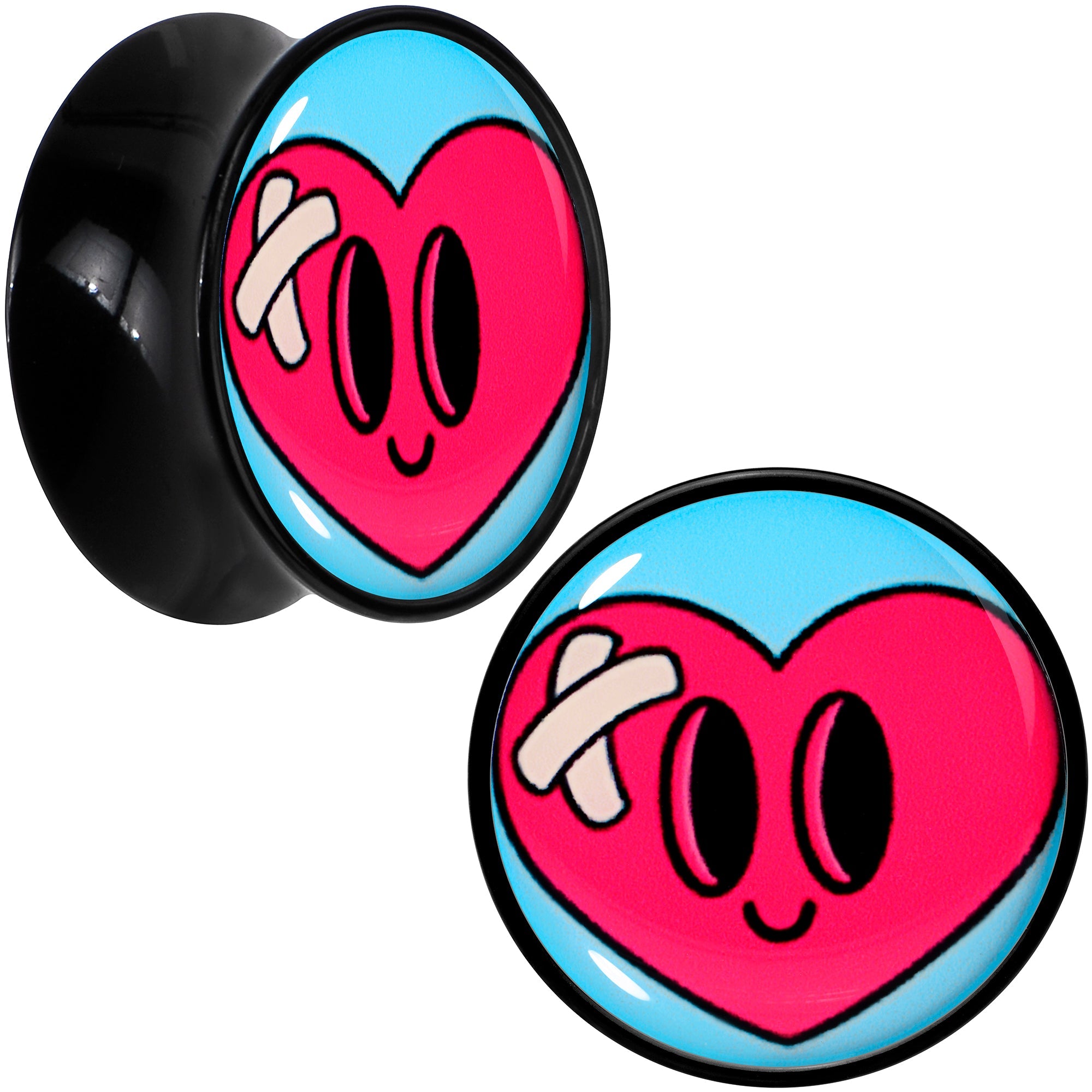 BodyCandy Black Acrylic Heartbreak Bandaged Heart Double Flare Plug Set by Onyx O — comparison shot