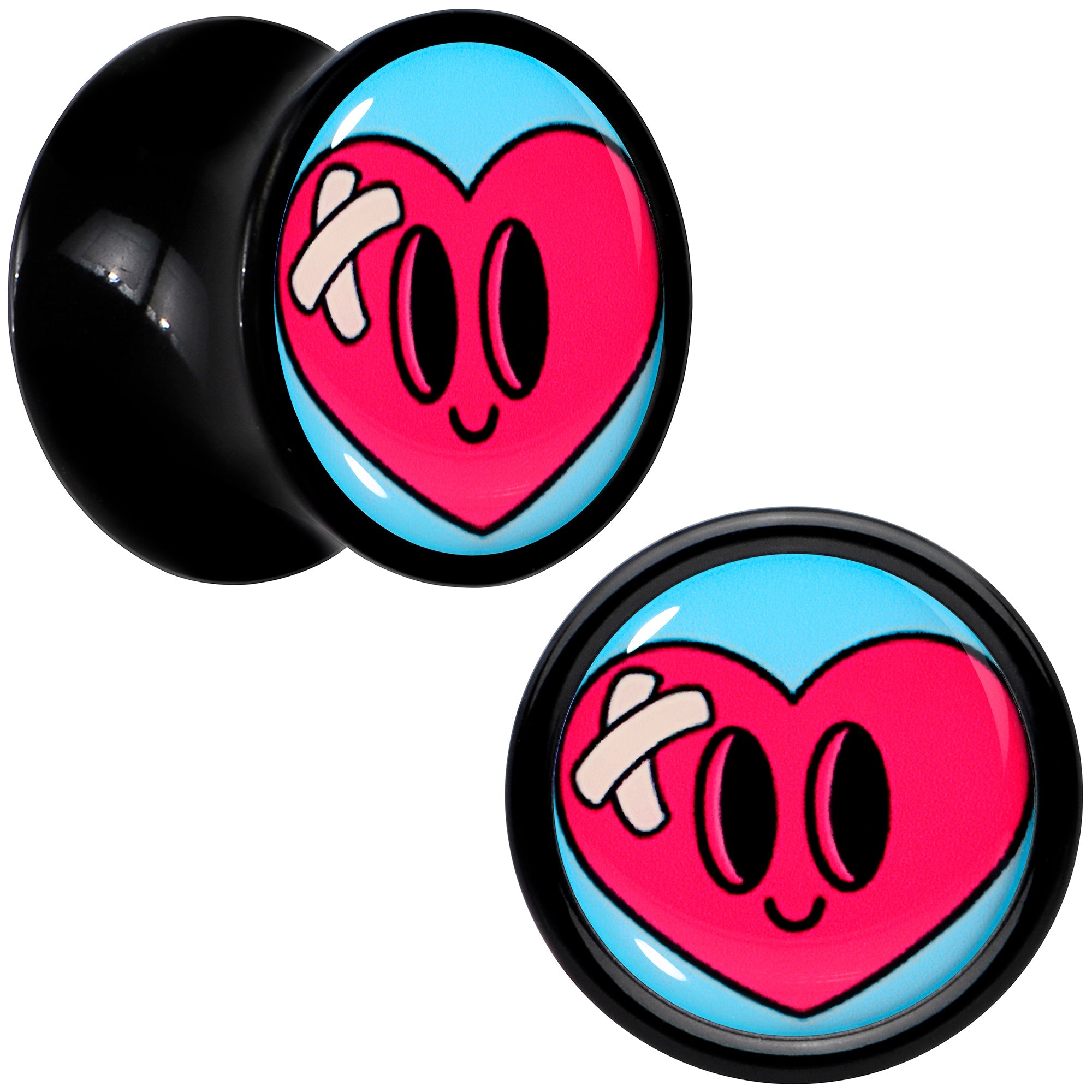 BodyCandy Black Acrylic Heartbreak Bandaged Heart Double Flare Plug Set by Onyx O — feature highlight