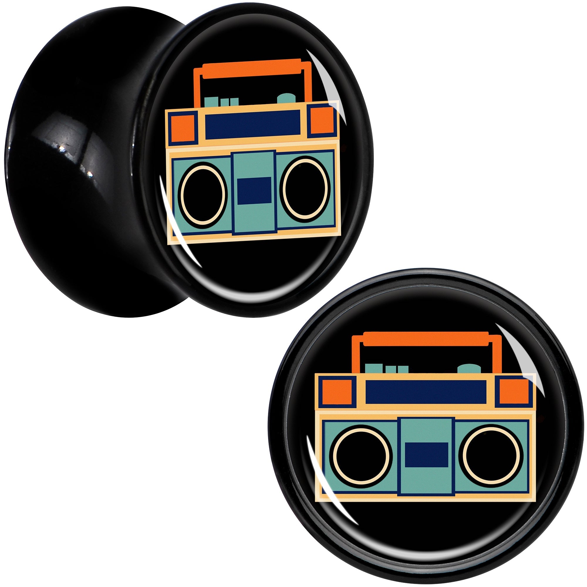 BodyCandy Black Acrylic Retro Boombox Double Flare Plug Set by Onyx O — size reference
