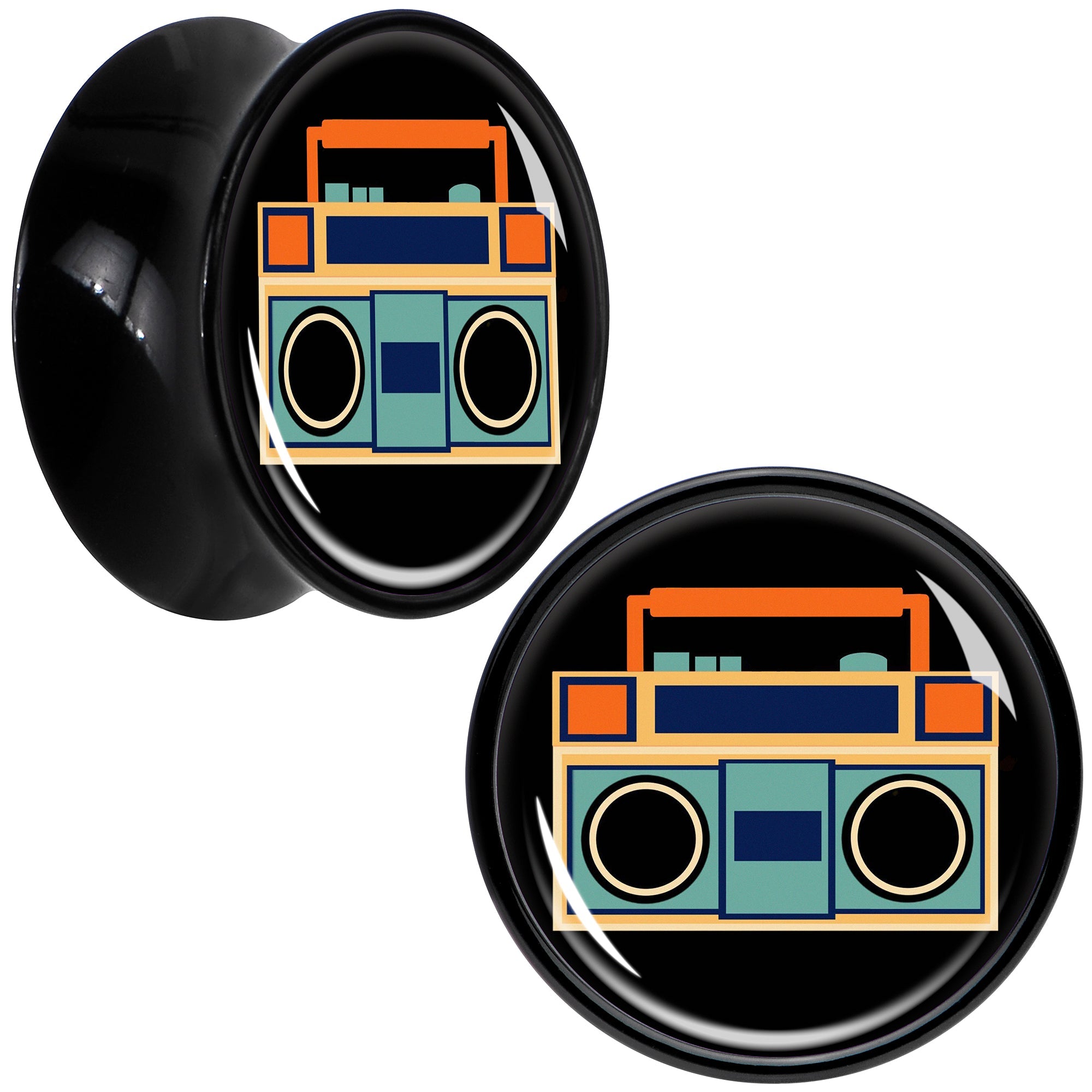 BodyCandy Black Acrylic Retro Boombox Double Flare Plug Set by Onyx O — packaging