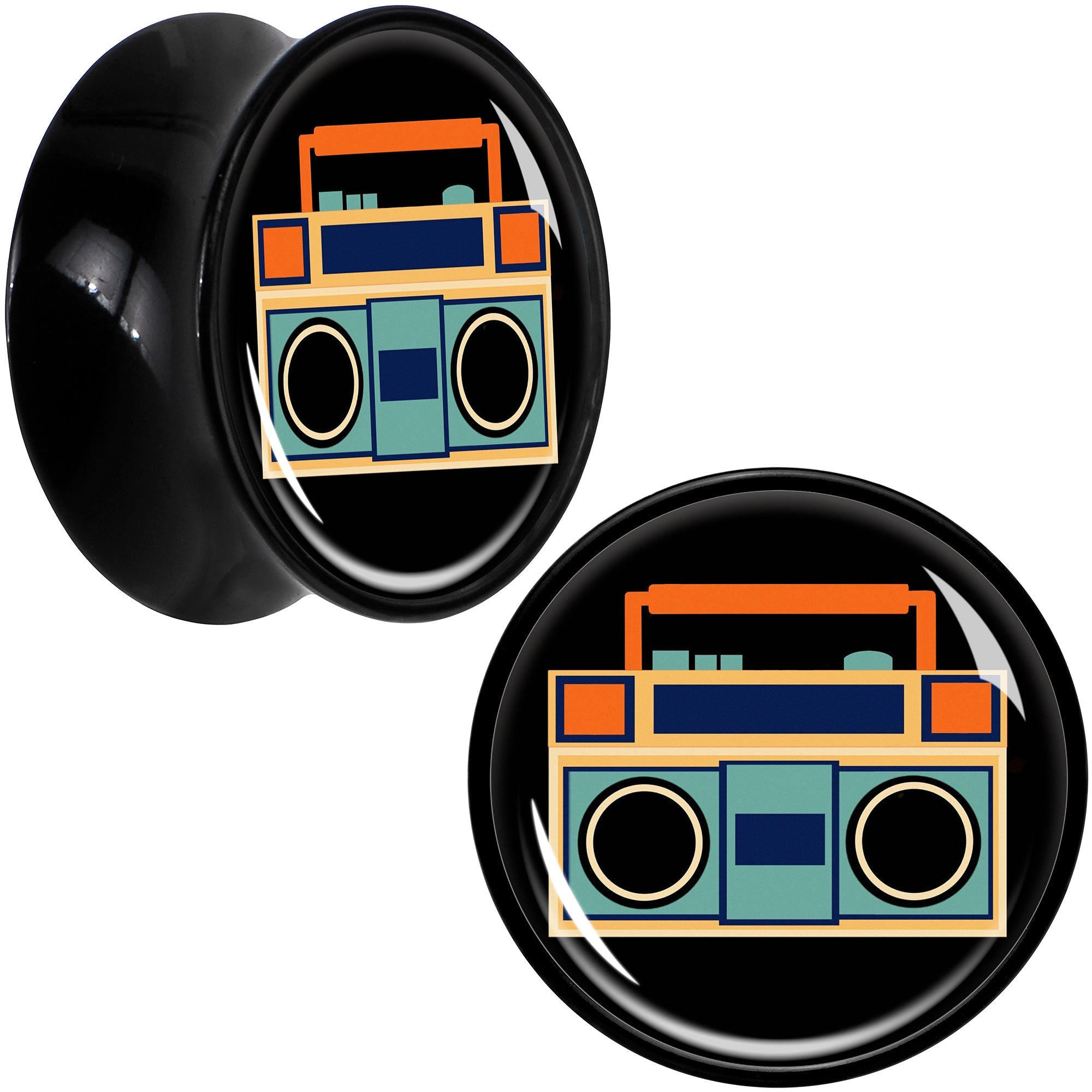 BodyCandy Black Acrylic Retro Boombox Double Flare Plug Set by Onyx O — comparison shot