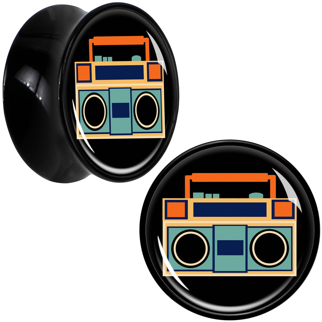 BodyCandy Black Acrylic Retro Boombox Double Flare Plug Set by Onyx O — fabric or material detail