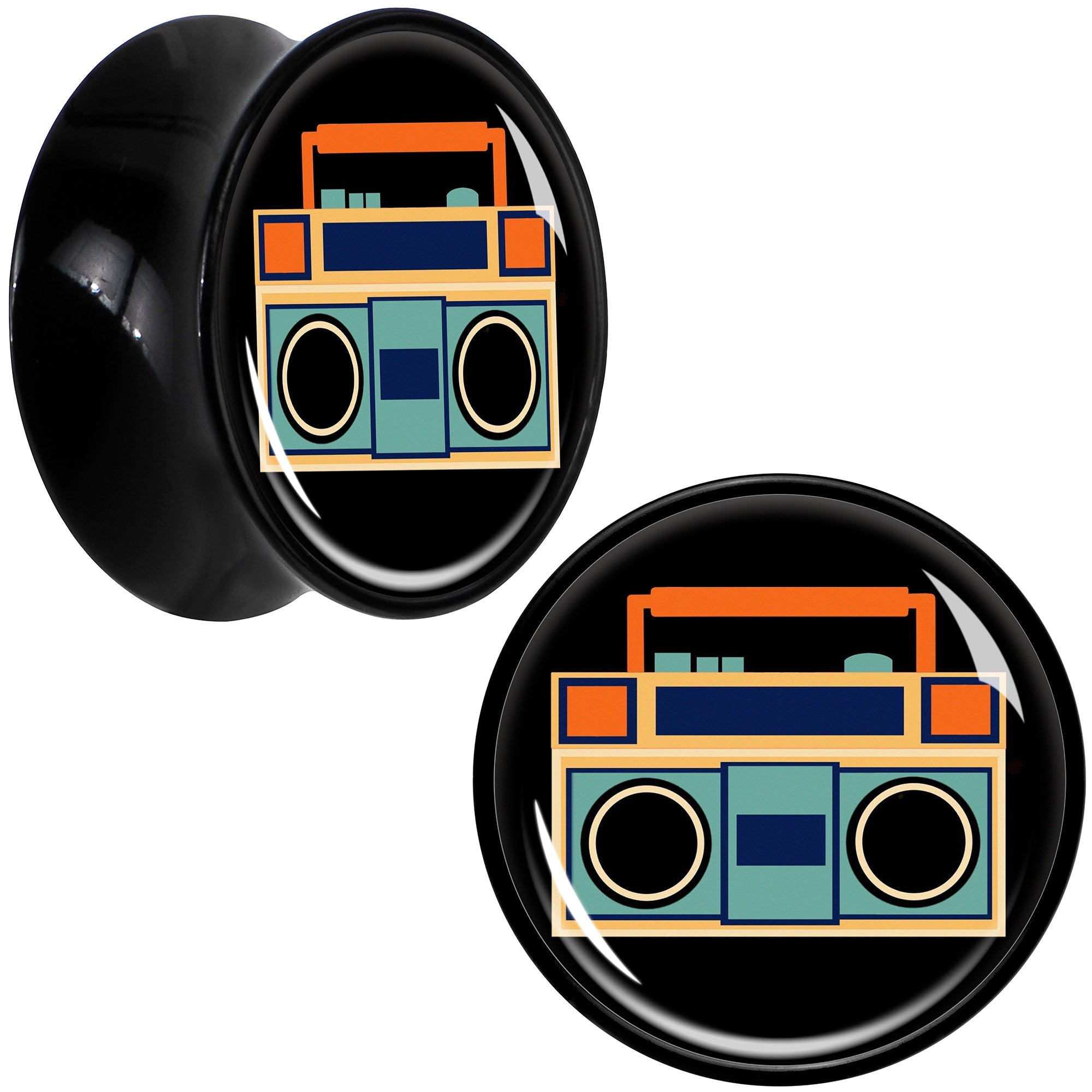 BodyCandy Black Acrylic Retro Boombox Double Flare Plug Set by Onyx O — fabric or material detail