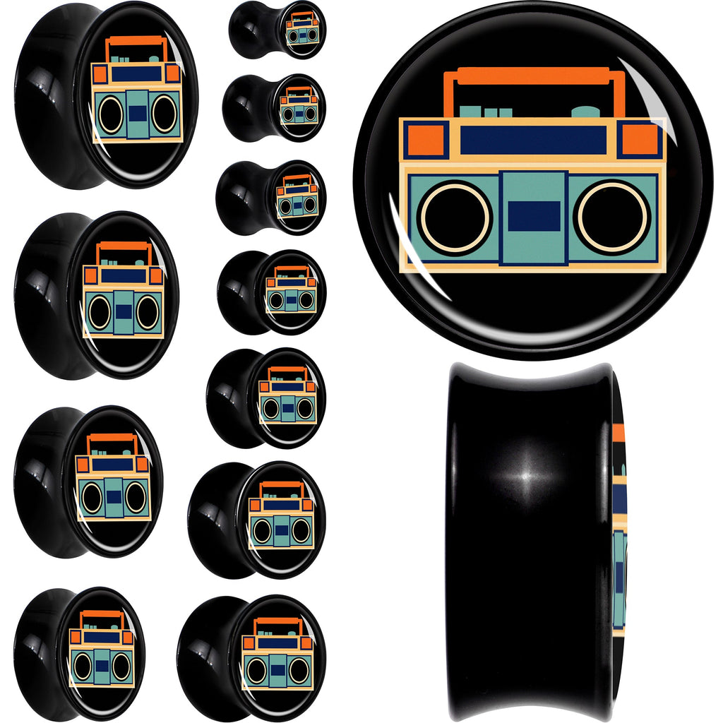 BodyCandy Black Acrylic Retro Boombox Double Flare Plug Set by Onyx O — main product shot