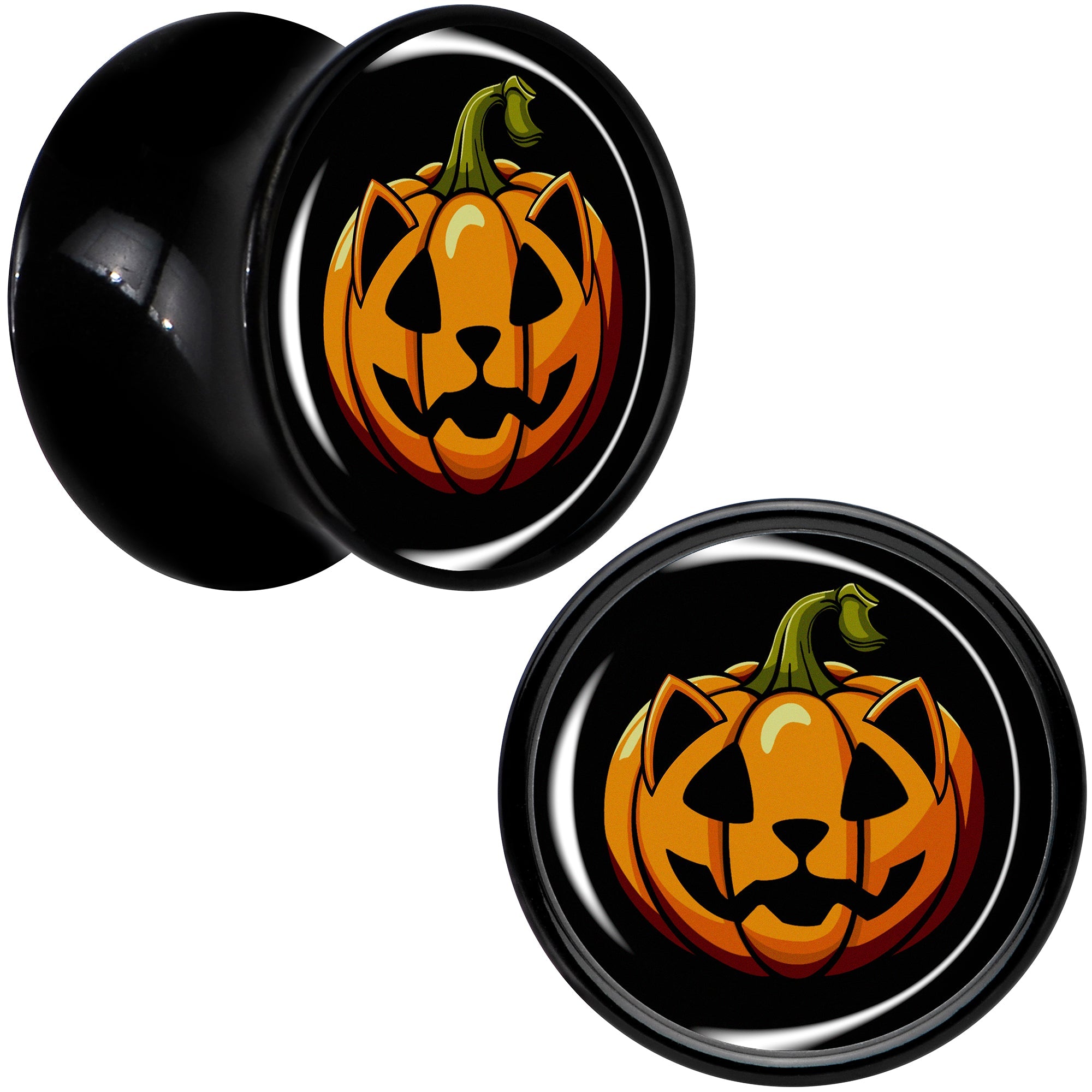 BodyCandy Orange Pumpkin Cat Jack-O-Lantern Black Acrylic Saddle Plug Set by Onyx O — size reference