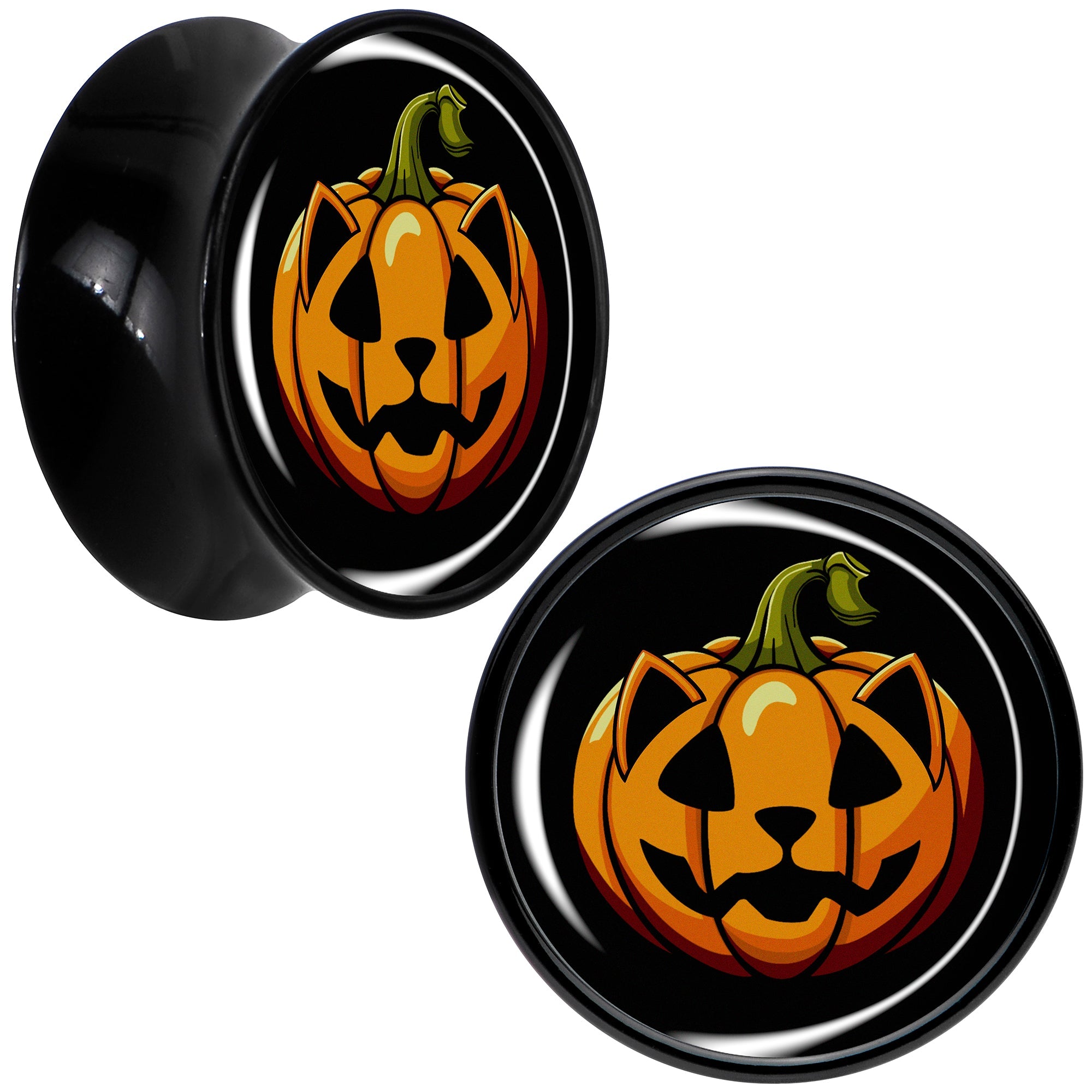 BodyCandy Orange Pumpkin Cat Jack-O-Lantern Black Acrylic Saddle Plug Set by Onyx O — packaging