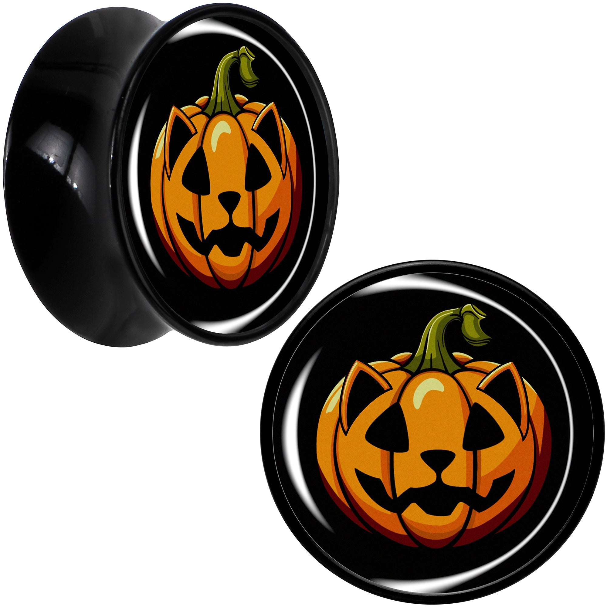 BodyCandy Orange Pumpkin Cat Jack-O-Lantern Black Acrylic Saddle Plug Set by Onyx O — comparison shot