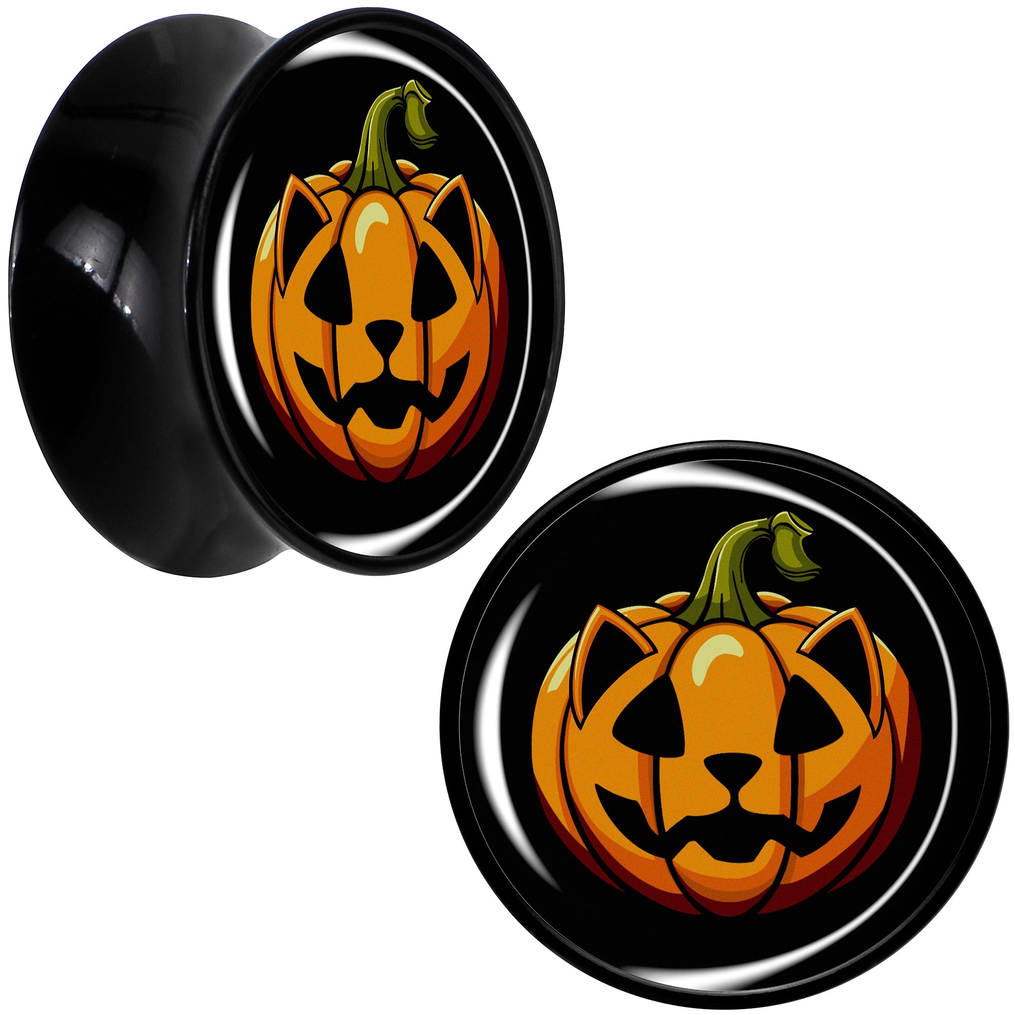 BodyCandy Orange Pumpkin Cat Jack-O-Lantern Black Acrylic Saddle Plug Set by Onyx O — fabric or material detail