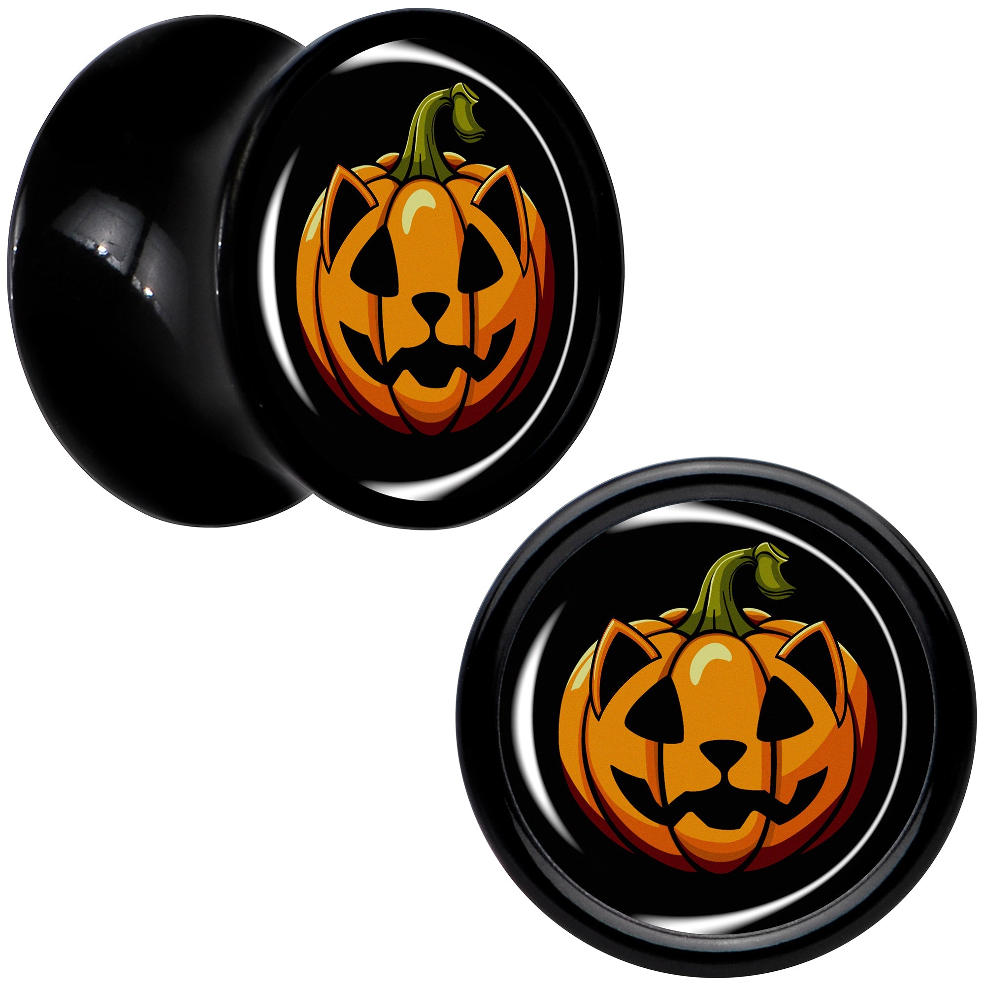 BodyCandy Orange Pumpkin Cat Jack-O-Lantern Black Acrylic Saddle Plug Set by Onyx O — feature highlight