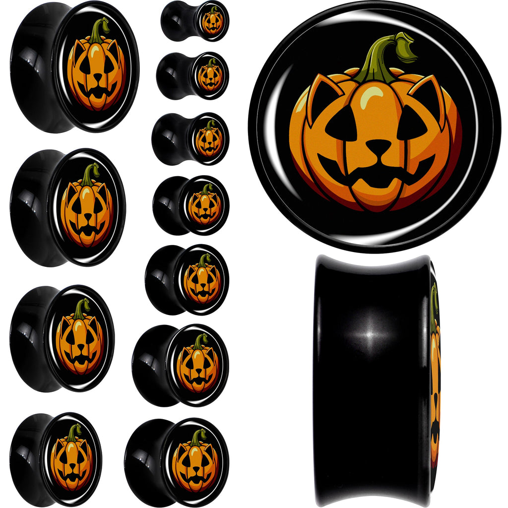 BodyCandy Orange Pumpkin Cat Jack-O-Lantern Black Acrylic Saddle Plug Set by Onyx O — main product shot
