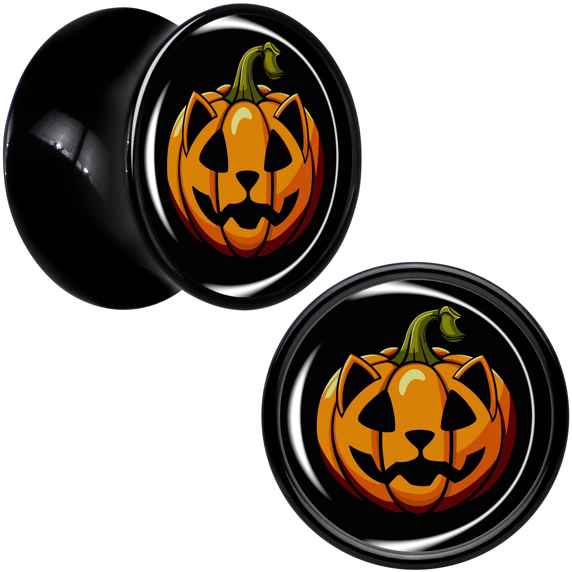 BodyCandy Orange Pumpkin Cat Jack-O-Lantern Black Acrylic Saddle Plug Set by Onyx O — detail close-up