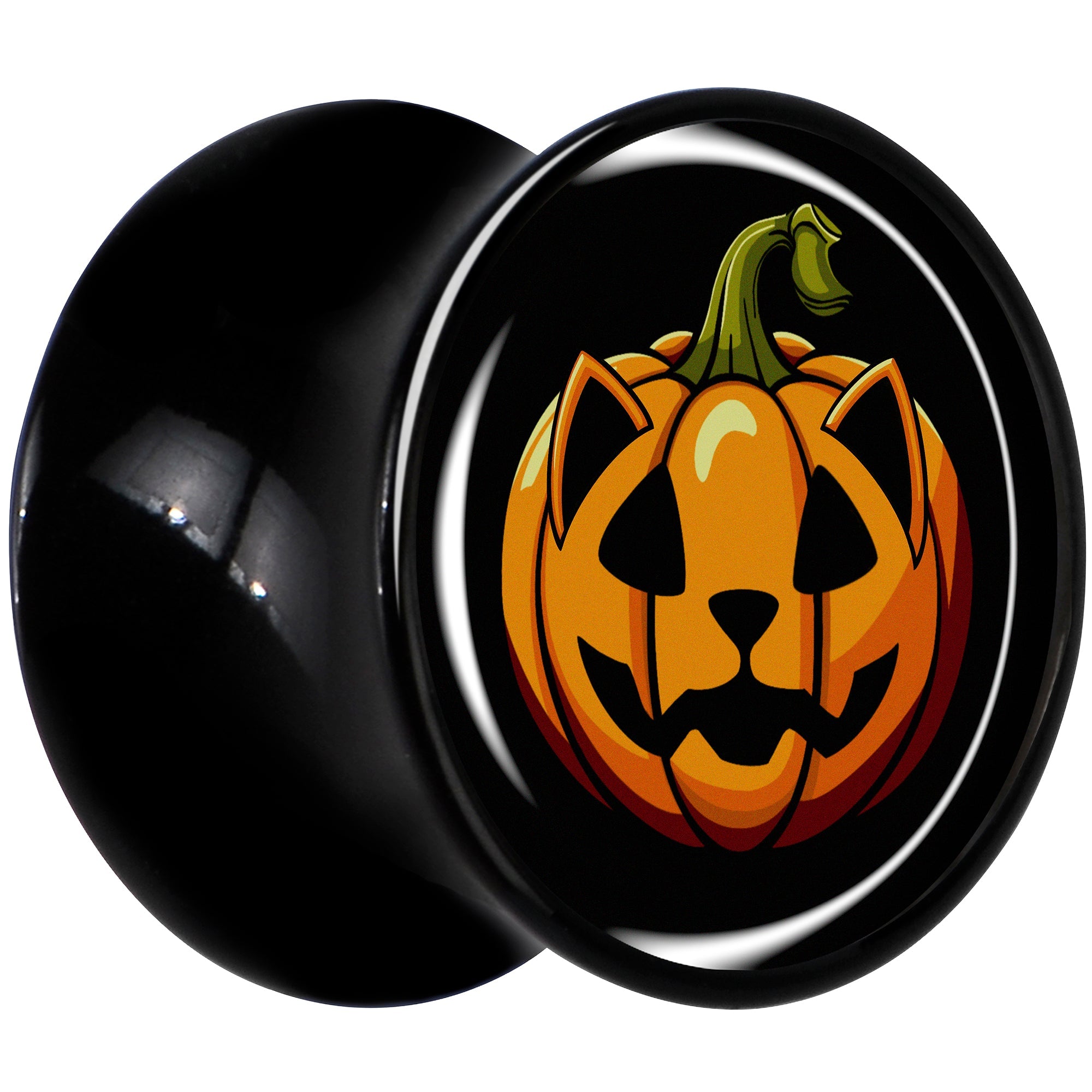 BodyCandy Orange Pumpkin Cat Jack-O-Lantern Black Acrylic Saddle Plug Set by Onyx O — lifestyle context