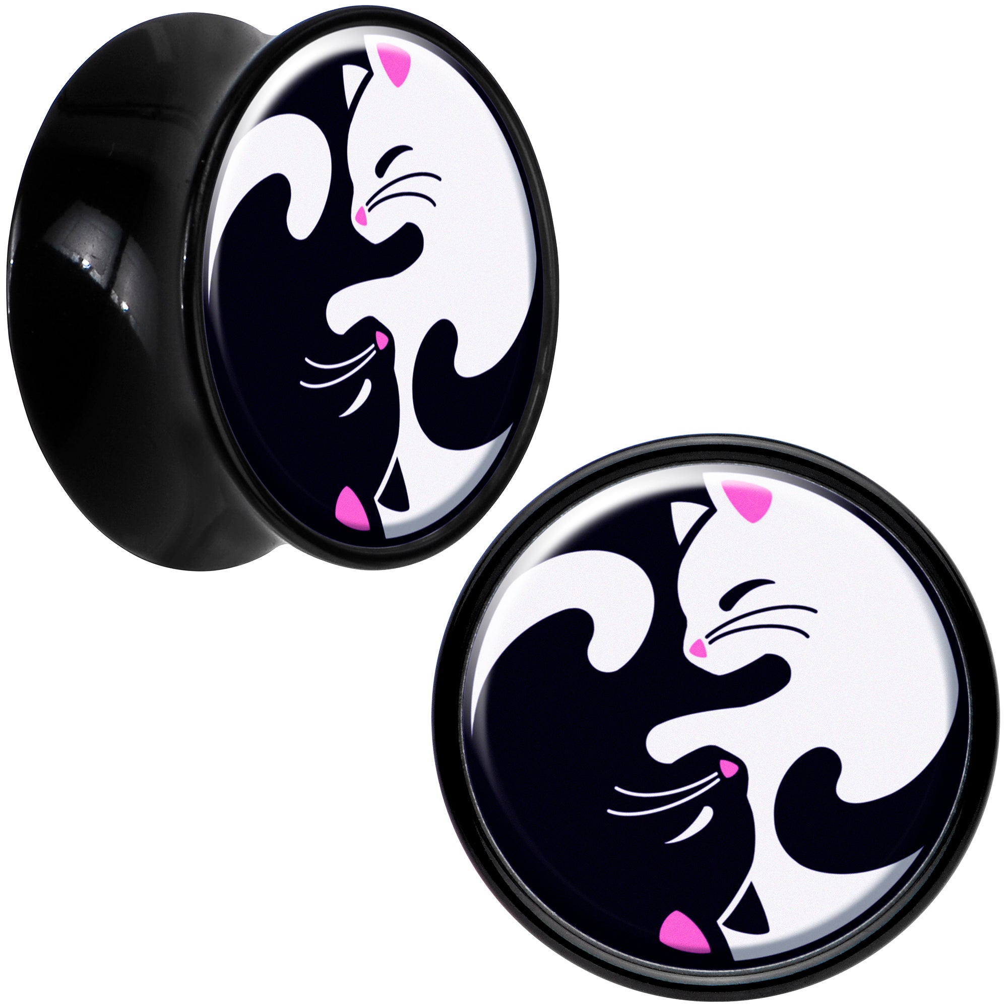 BodyCandy Black Acrylic Cute Kitty Cat Yin Yang Double Flare Plug Set by Onyx O — color detail