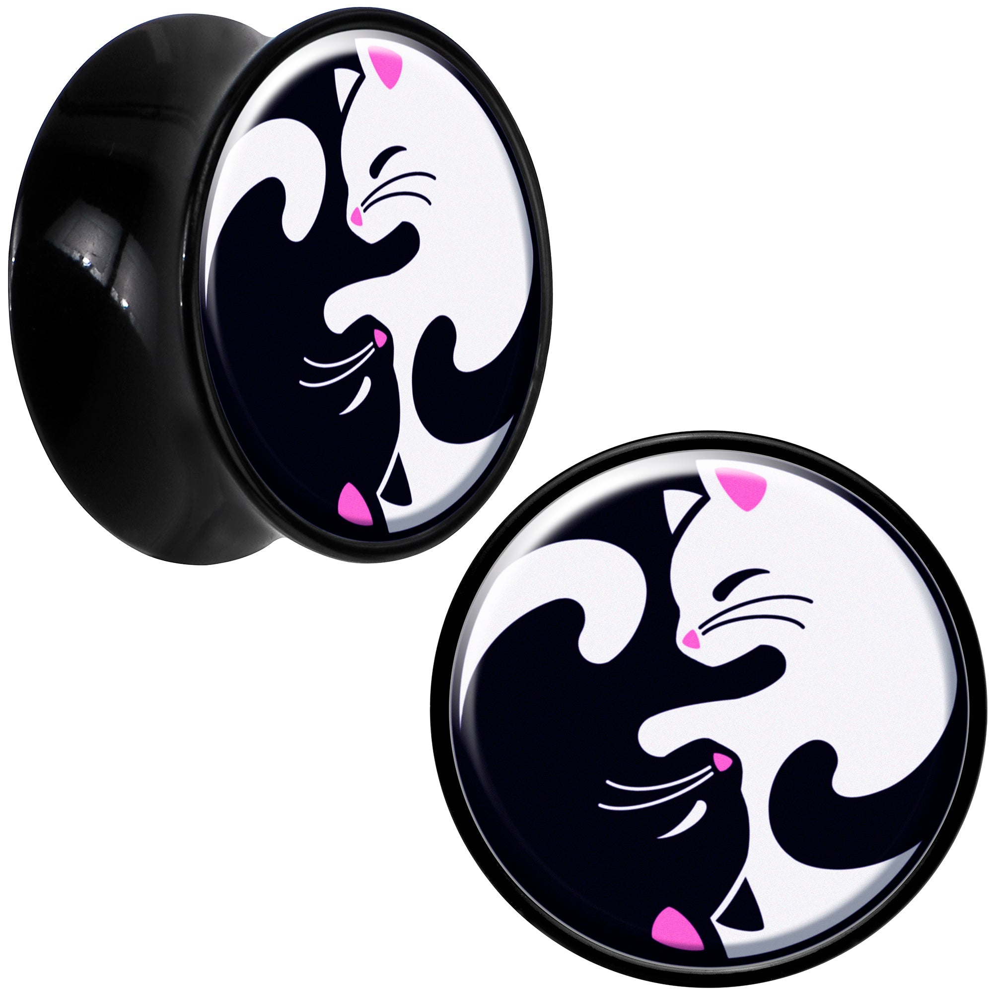 BodyCandy Black Acrylic Cute Kitty Cat Yin Yang Double Flare Plug Set by Onyx O — fabric or material detail
