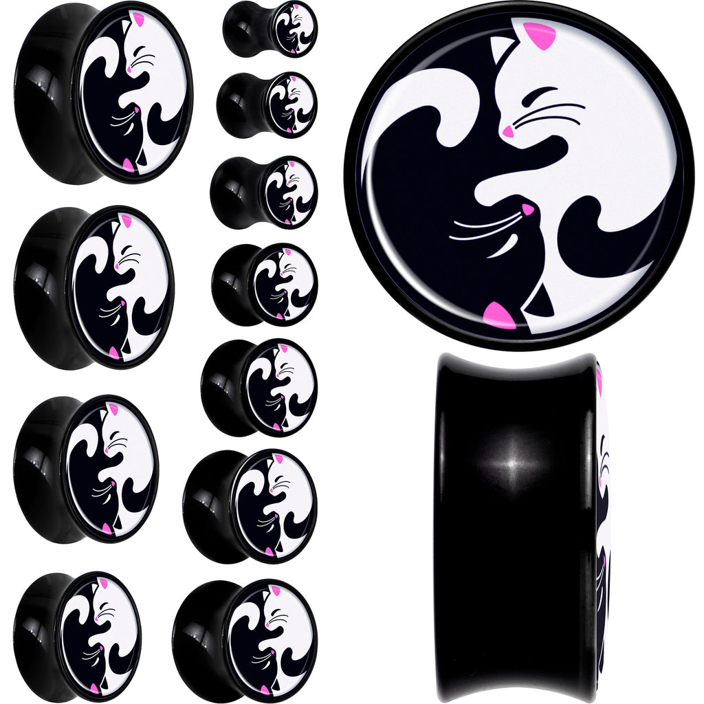 BodyCandy Black Acrylic Cute Kitty Cat Yin Yang Double Flare Plug Set by Onyx O — main product shot