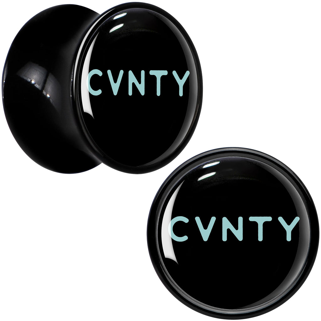 BodyCandy 0G Phrase Logo CVNTY Black Acrylic Saddle Plug Set by Onyx O — detail close-up