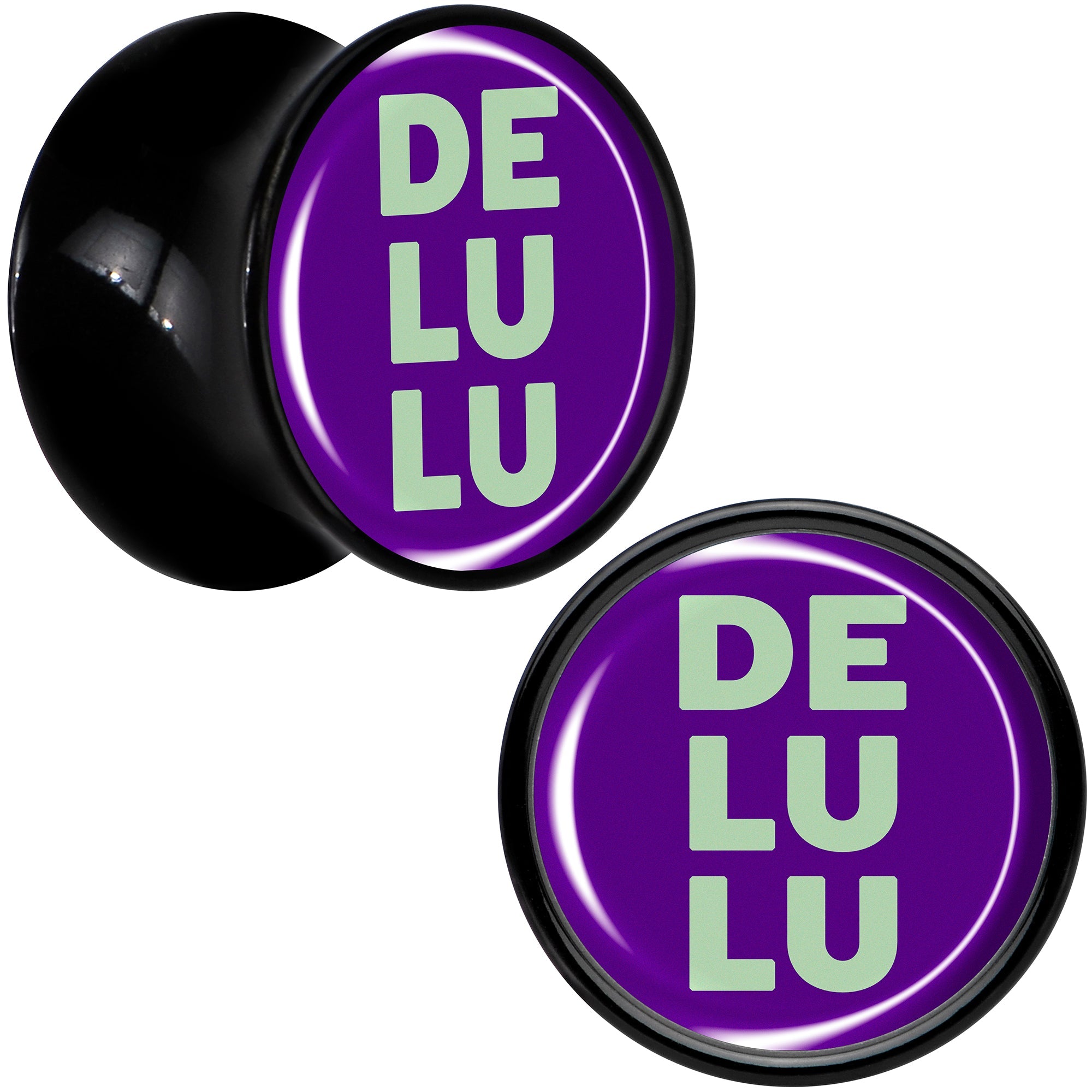 BodyCandy Word DELULU Black Acrylic Saddle Plug Set by Onyx O — size reference