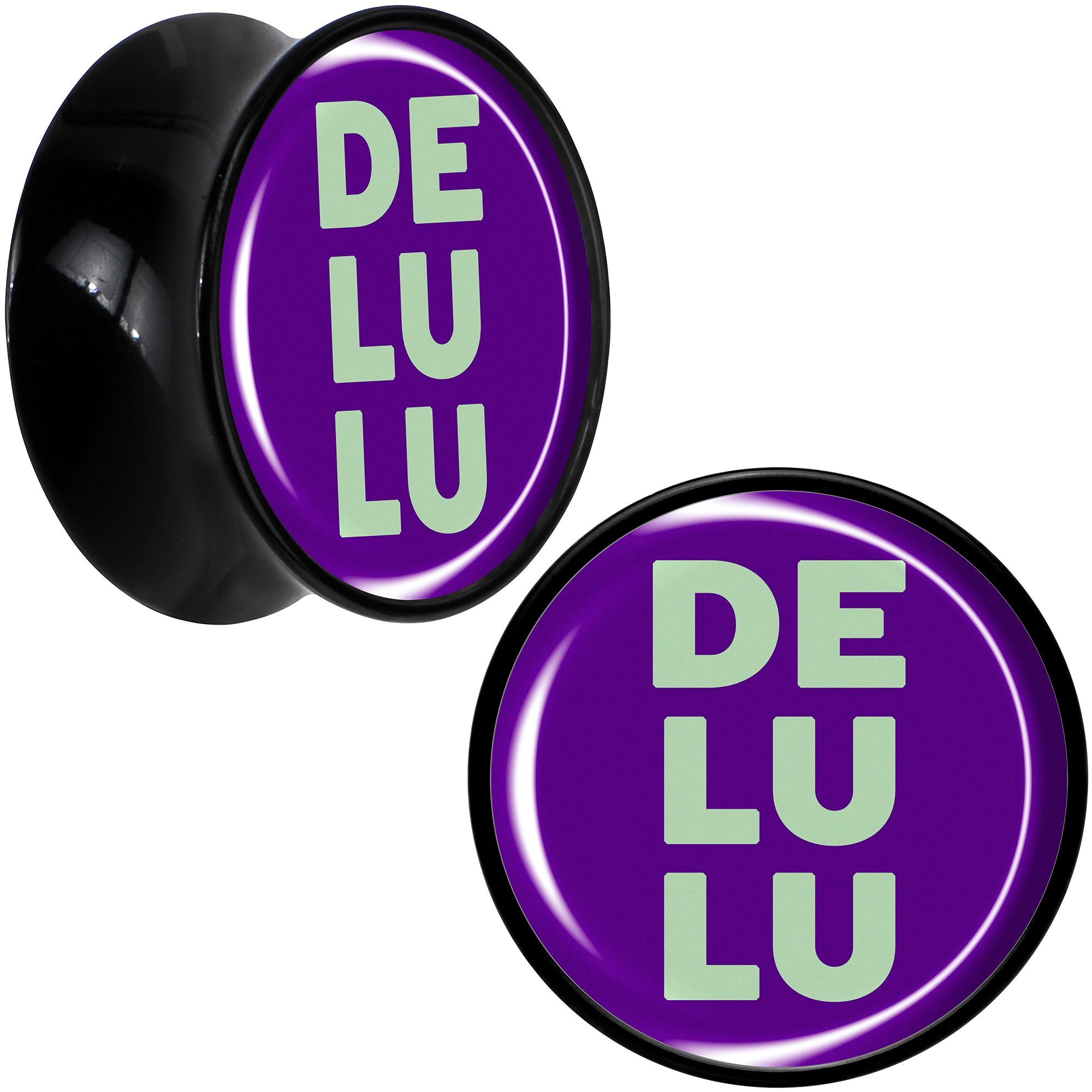 BodyCandy Word DELULU Black Acrylic Saddle Plug Set by Onyx O — comparison shot
