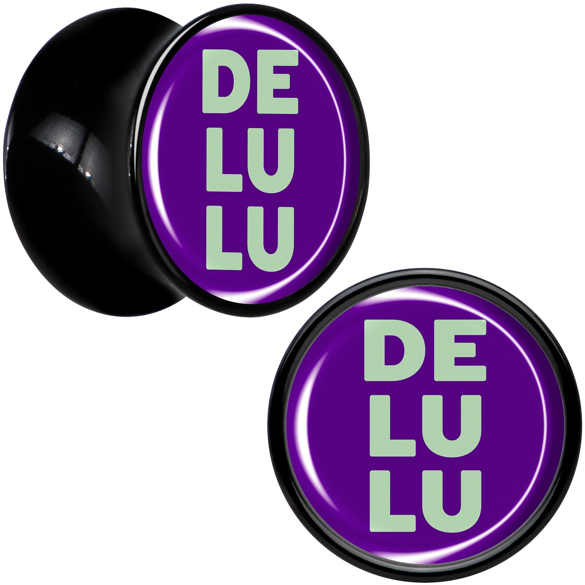 BodyCandy Word DELULU Black Acrylic Saddle Plug Set by Onyx O — detail close-up