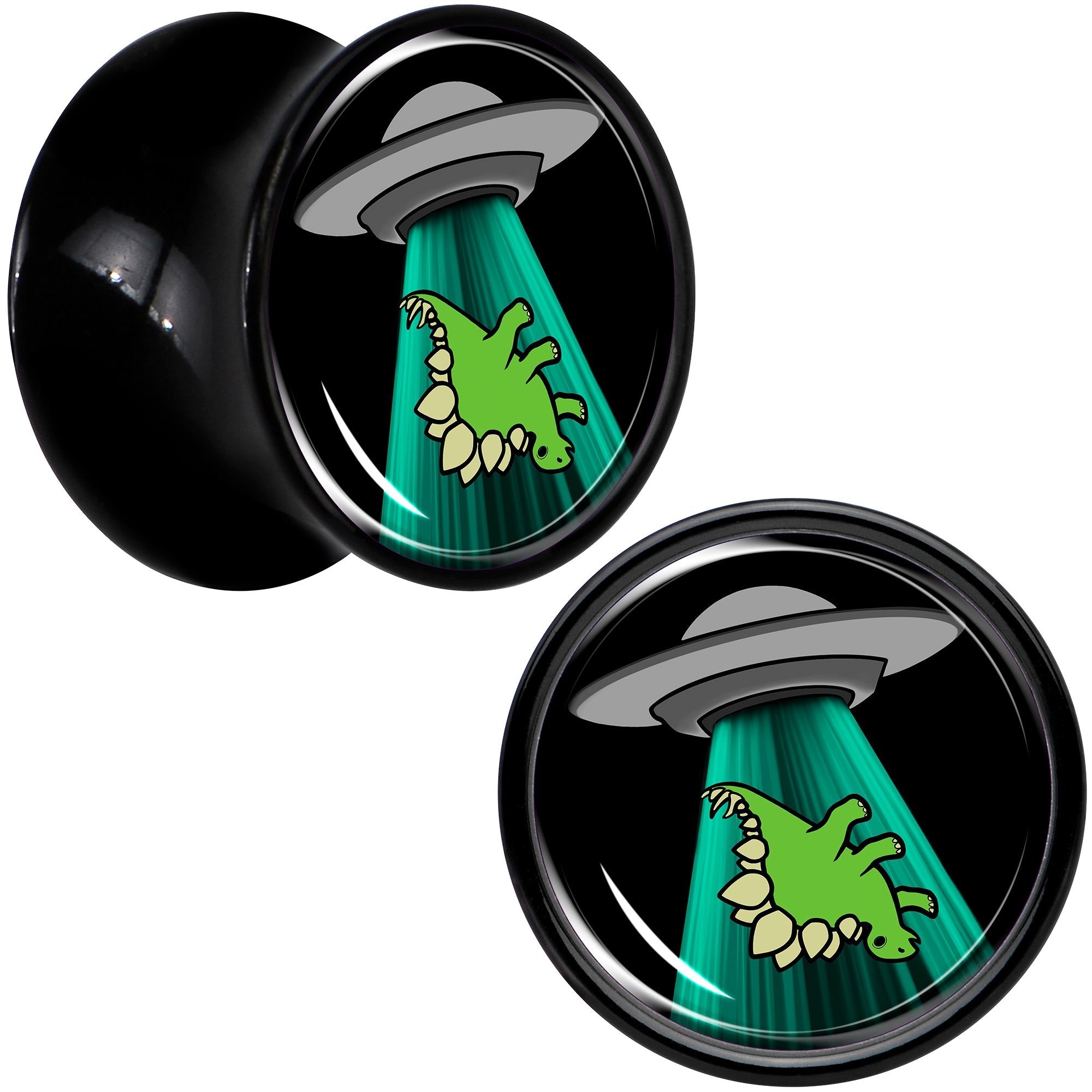 BodyCandy Black Acrylic Alien UFO Dinosaur Abduction Double Flare Plug Set by Onyx O — size reference