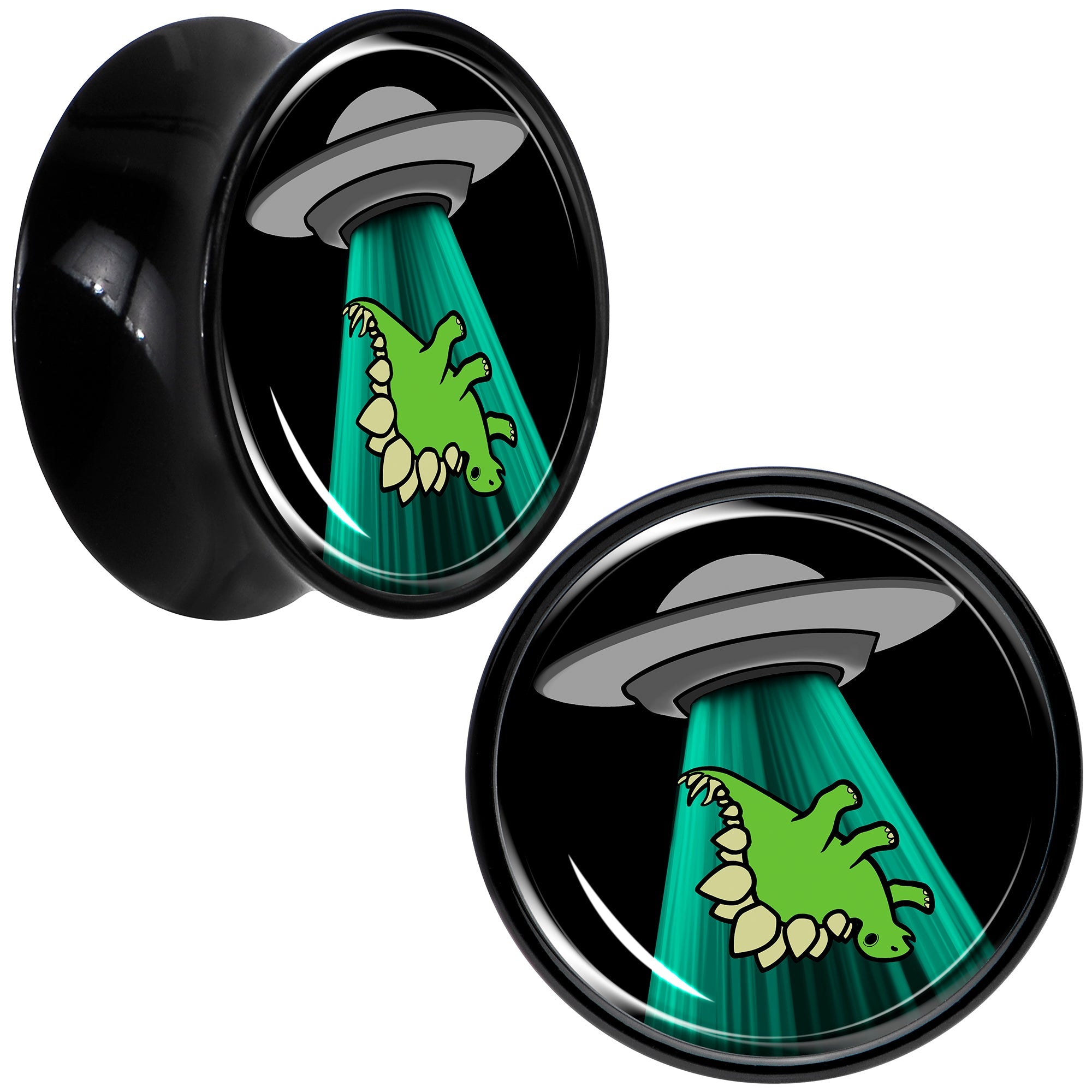 BodyCandy Black Acrylic Alien UFO Dinosaur Abduction Double Flare Plug Set by Onyx O — packaging