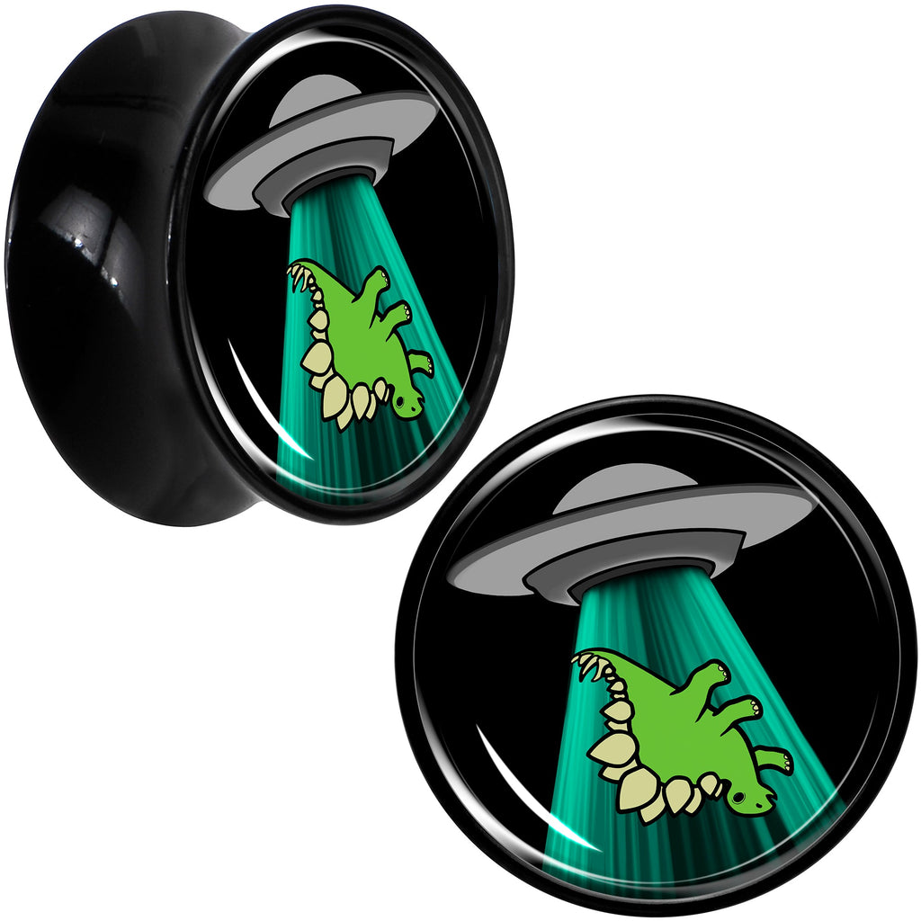 BodyCandy Black Acrylic Alien UFO Dinosaur Abduction Double Flare Plug Set by Onyx O — comparison shot