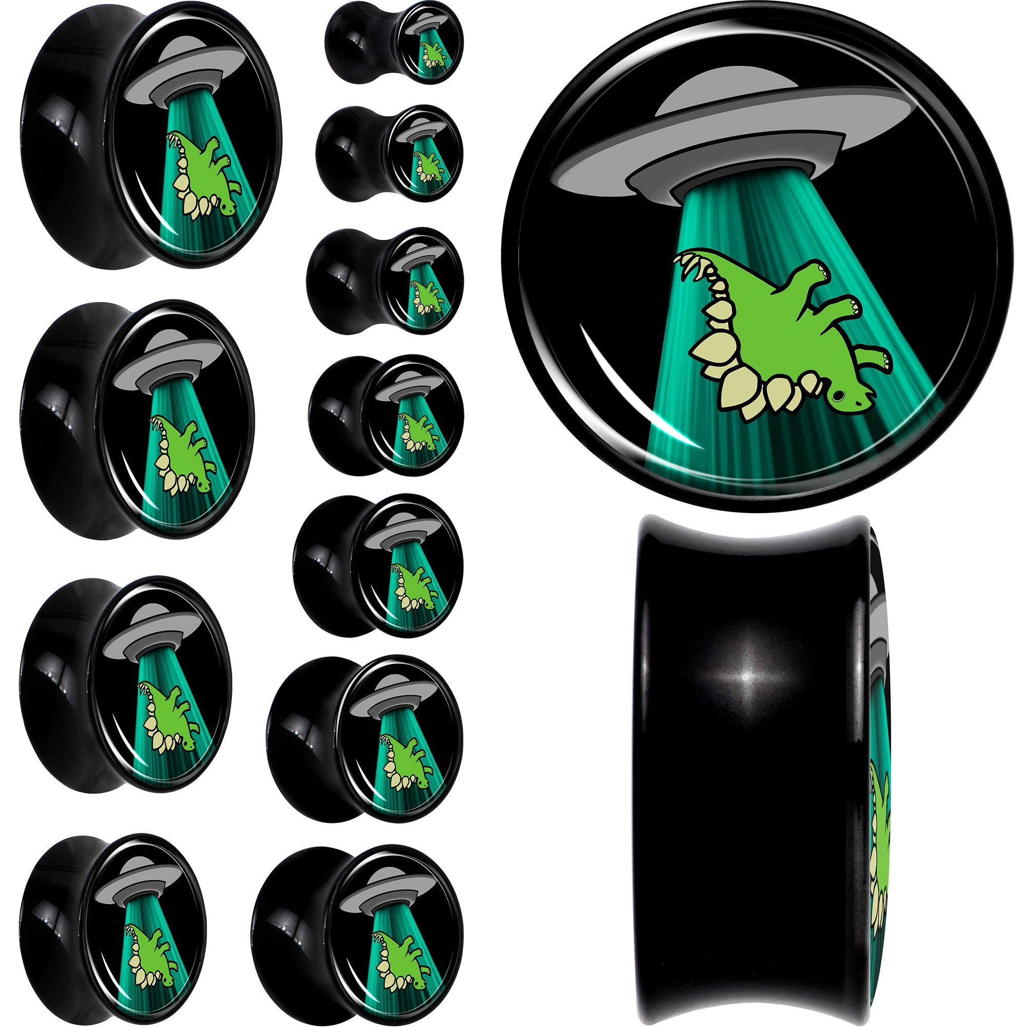 BodyCandy Black Acrylic Alien UFO Dinosaur Abduction Double Flare Plug Set by Onyx O — main product shot