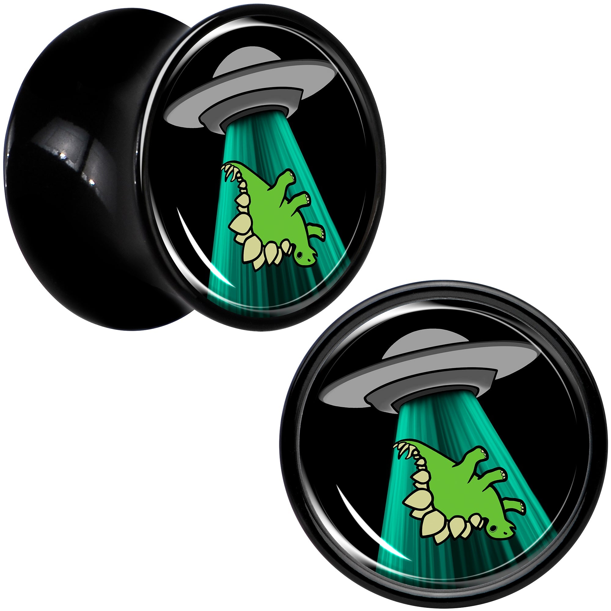 BodyCandy Black Acrylic Alien UFO Dinosaur Abduction Double Flare Plug Set by Onyx O — detail close-up