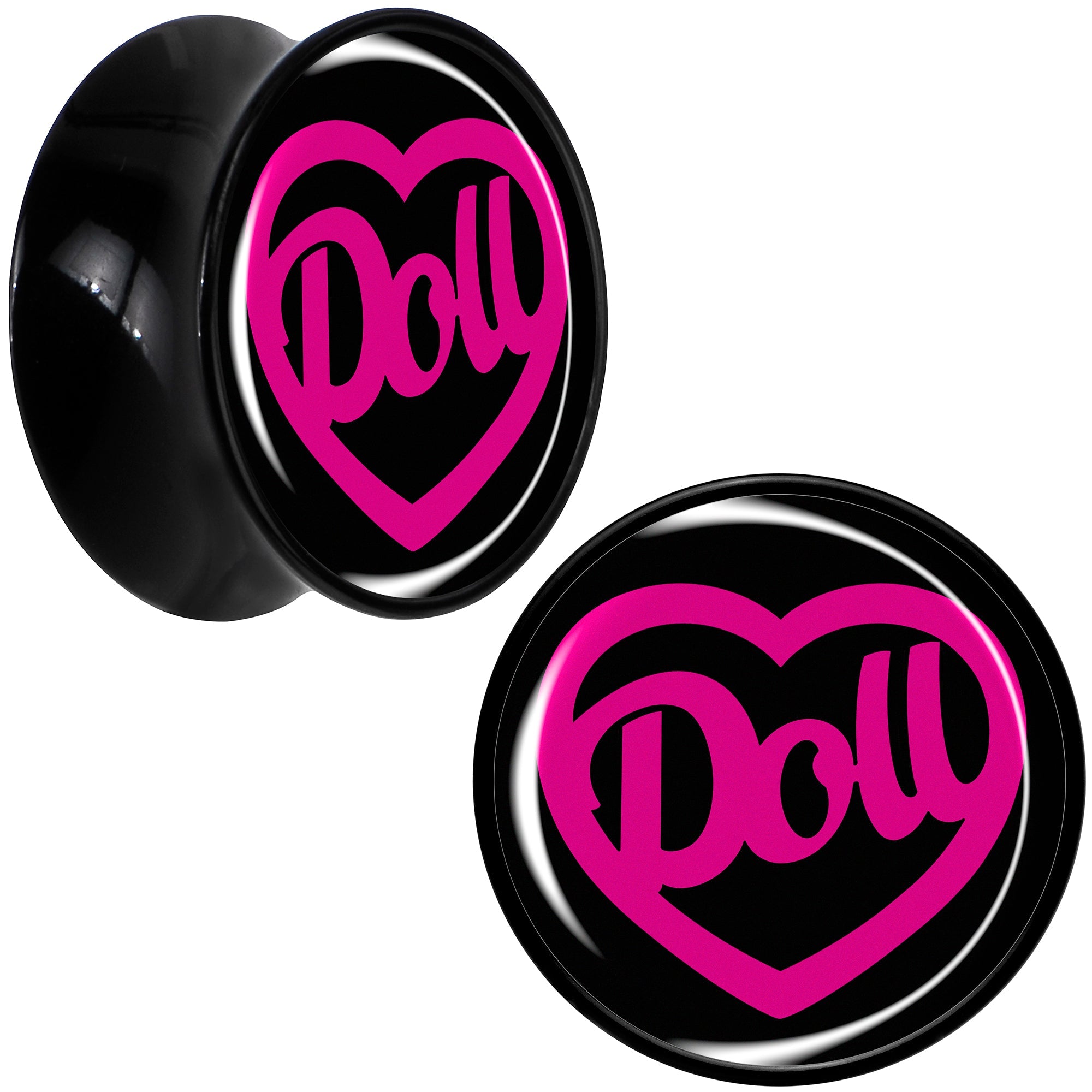 BodyCandy Hollow Heart Doll Word Black Acrylic Saddle Plug Set by Onyx O — fabric or material detail