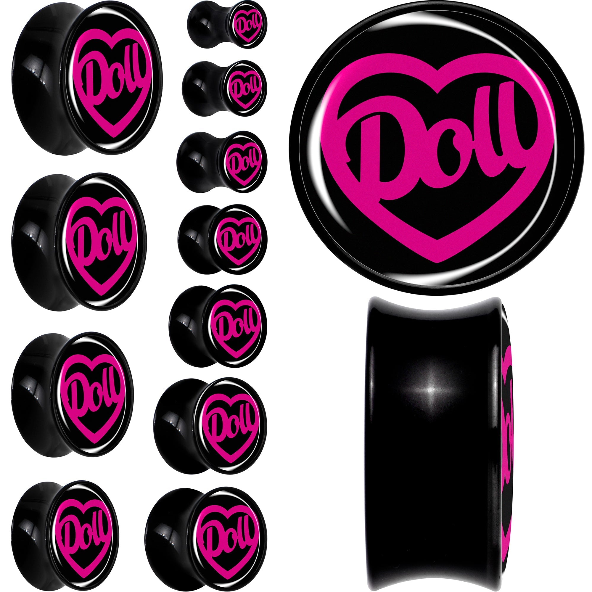BodyCandy Hollow Heart Doll Word Black Acrylic Saddle Plug Set by Onyx O — main product shot