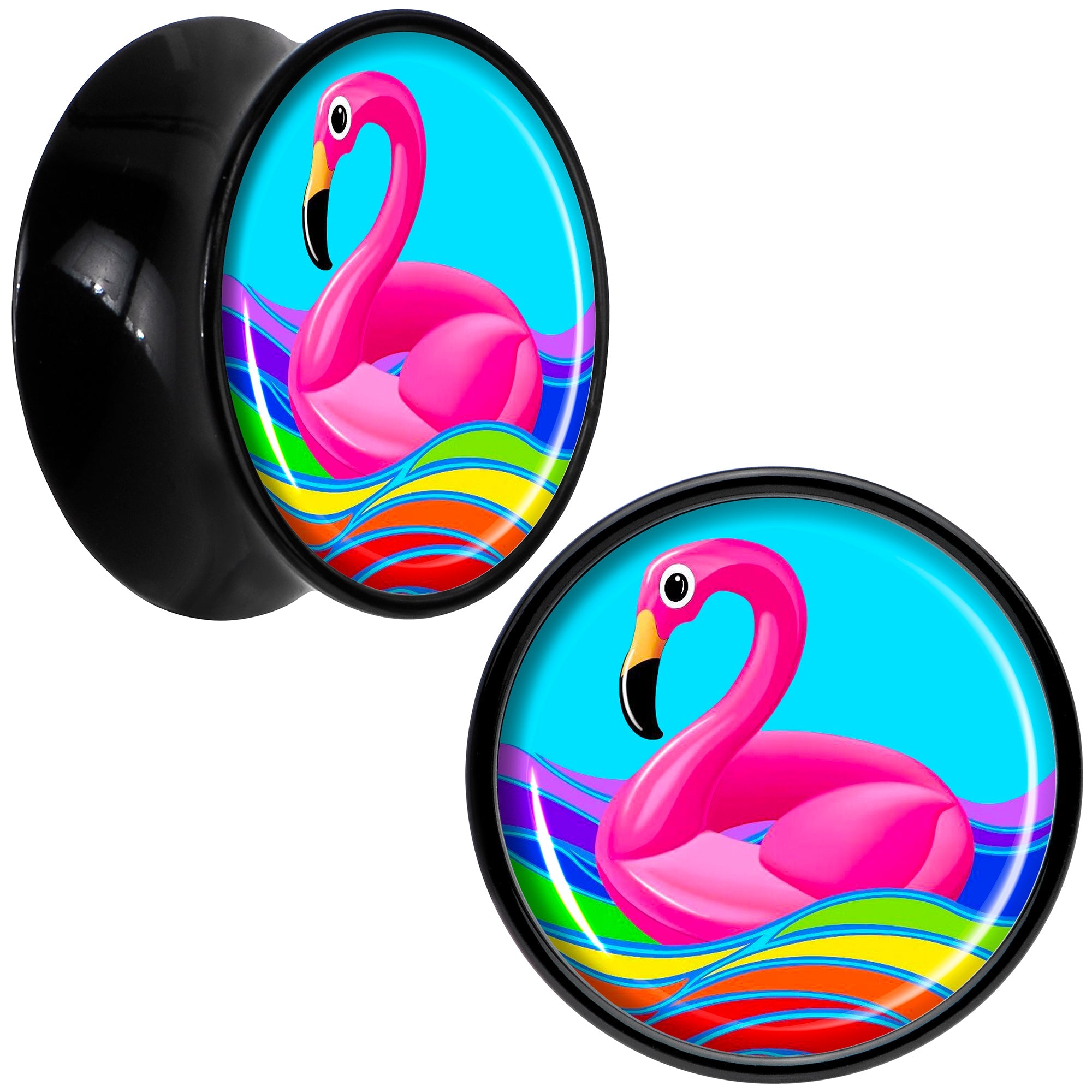 BodyCandy Black Acrylic Rainbow Sea Floating Flamingo Double Flare Plug Set by Onyx O — packaging