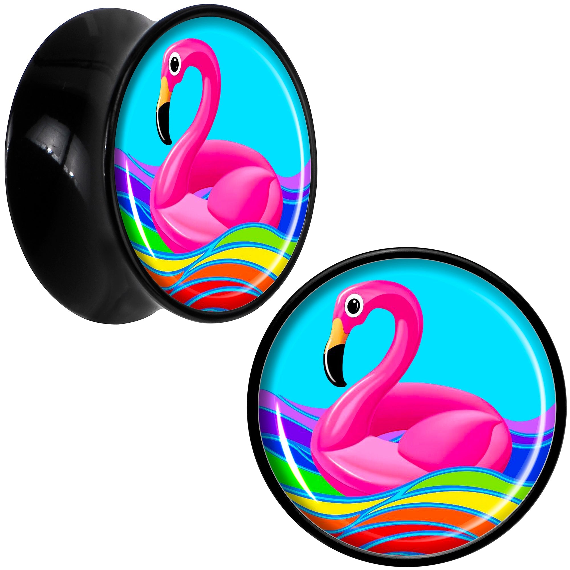 BodyCandy Black Acrylic Rainbow Sea Floating Flamingo Double Flare Plug Set by Onyx O — fabric or material detail