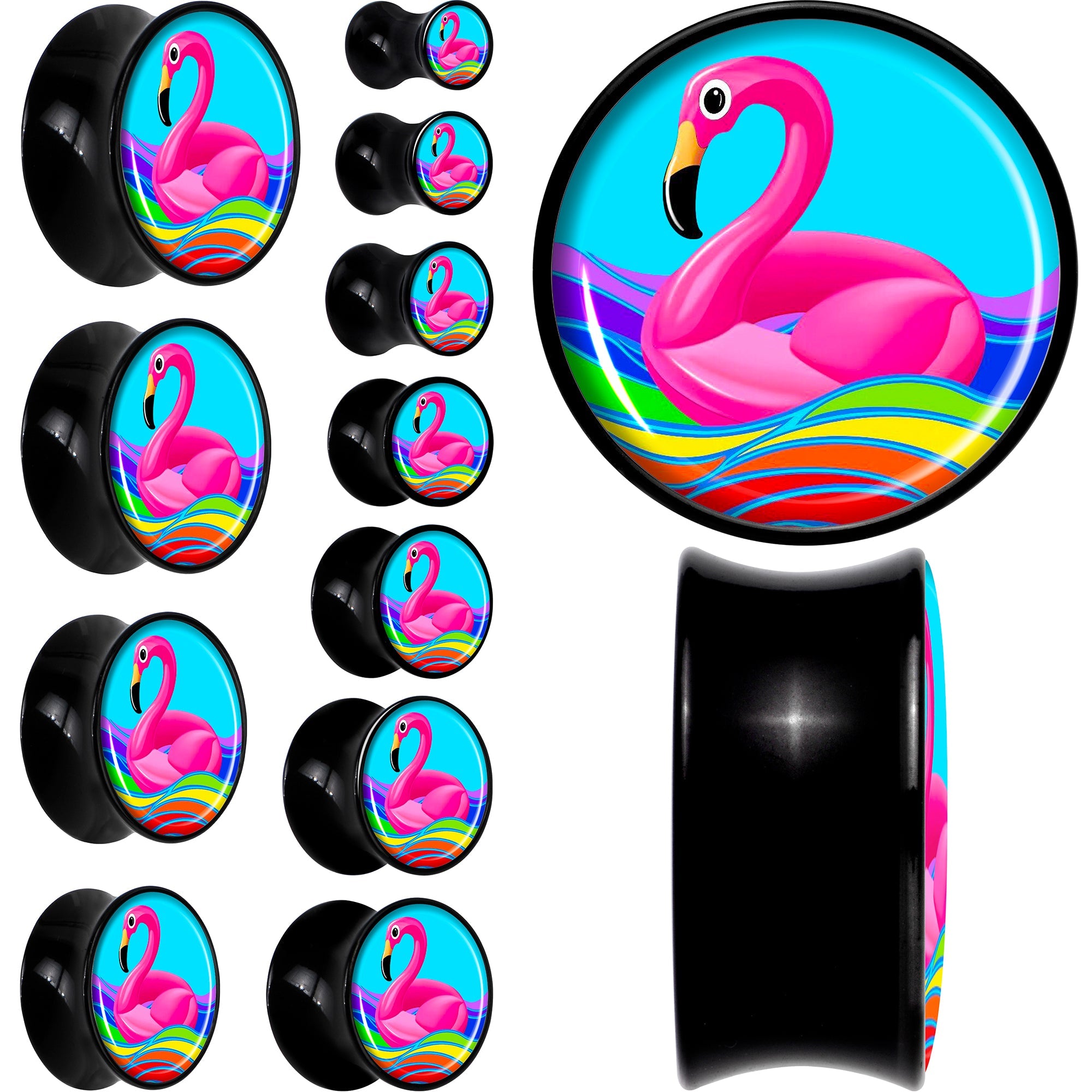 BodyCandy Black Acrylic Rainbow Sea Floating Flamingo Double Flare Plug Set by Onyx O — main product shot
