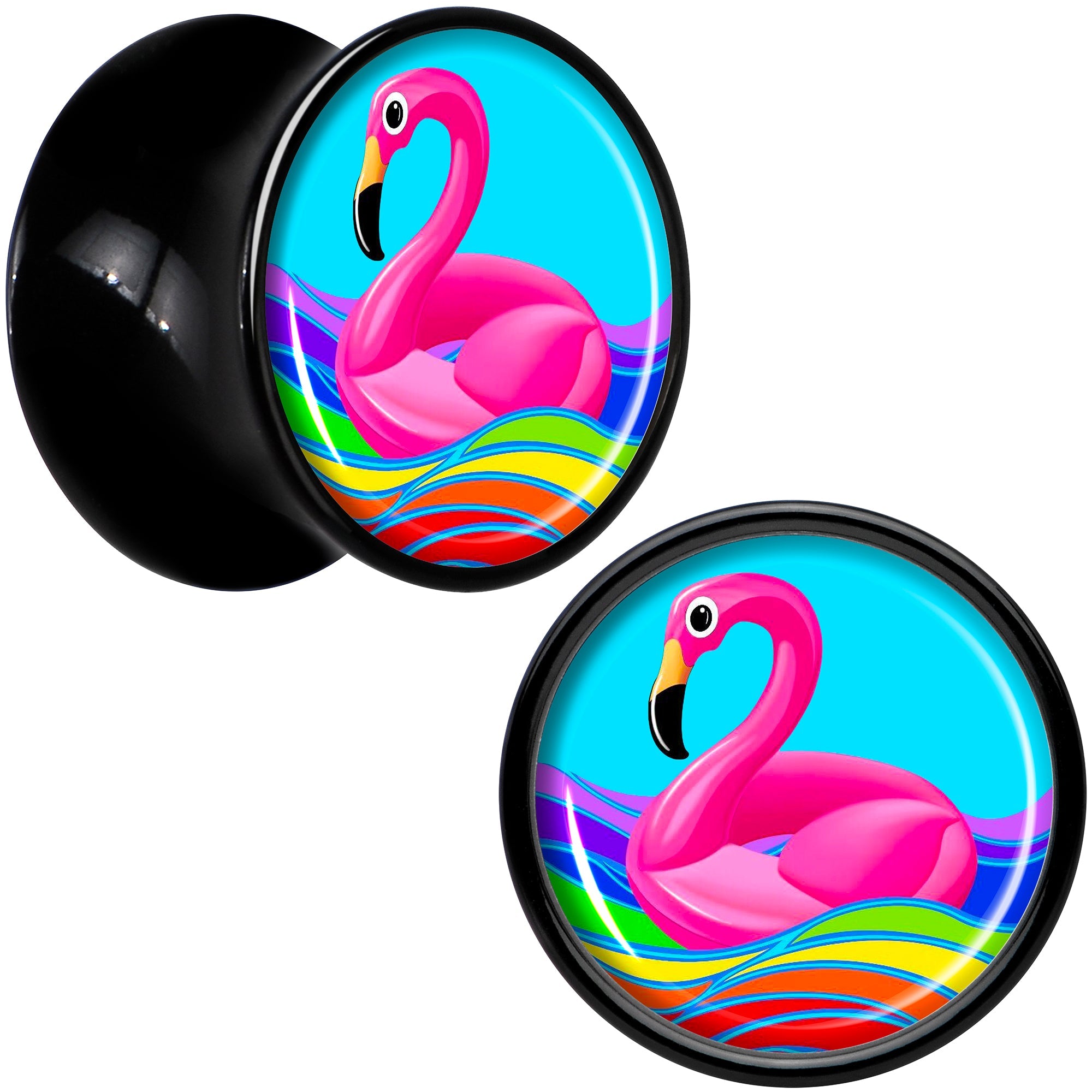 BodyCandy Black Acrylic Rainbow Sea Floating Flamingo Double Flare Plug Set by Onyx O — detail close-up
