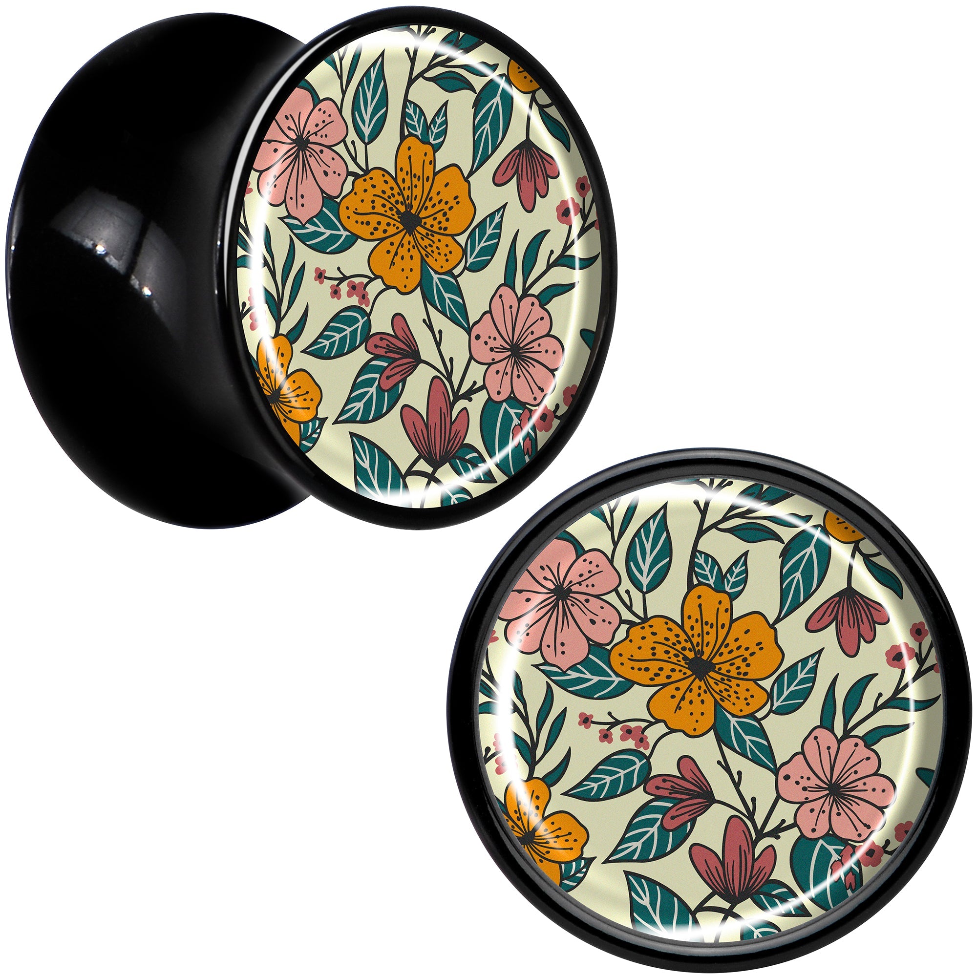 BodyCandy Blossom Creation Wildflower Flowers Black Acrylic Saddle Plug Set by Onyx O — in-use photo