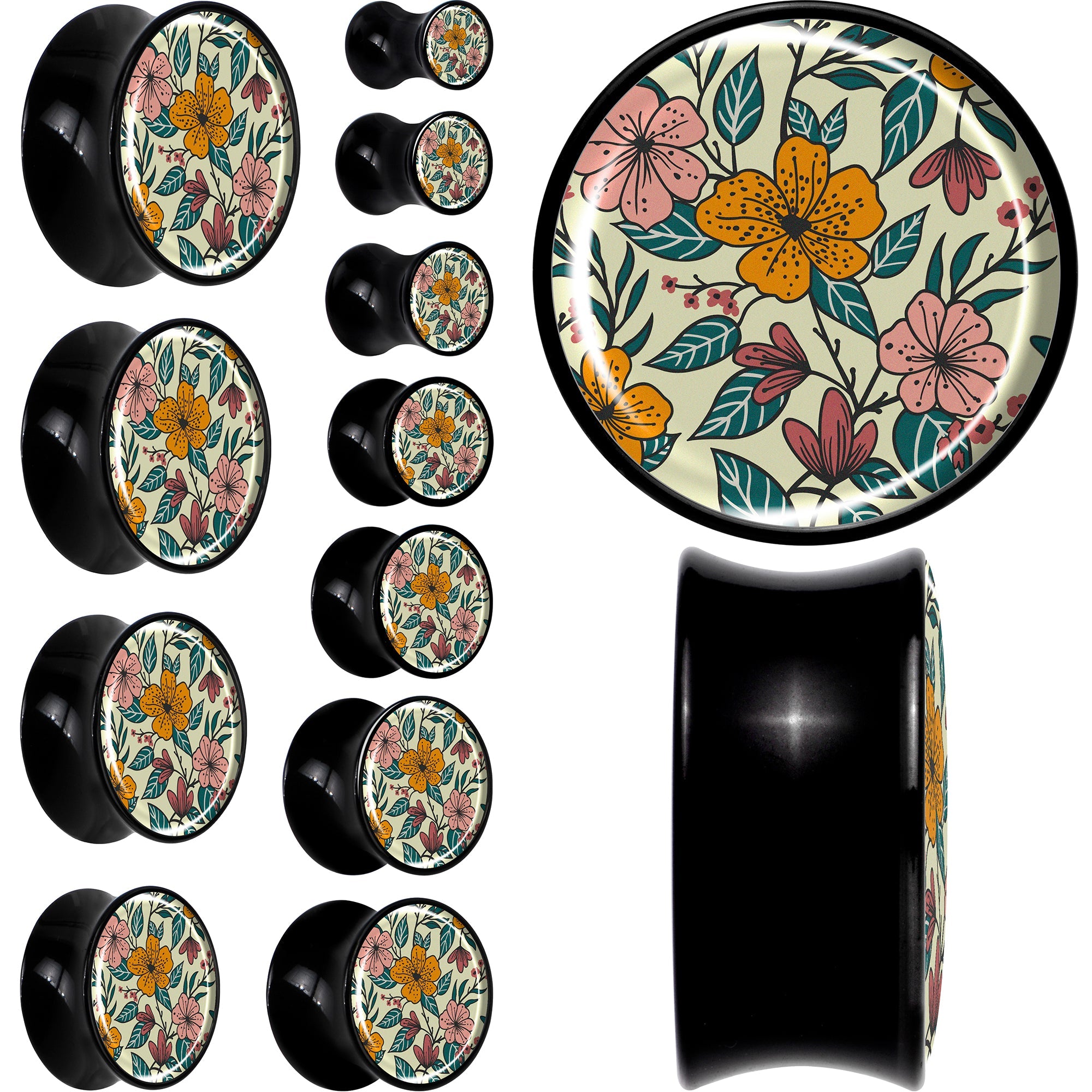 BodyCandy Blossom Creation Wildflower Flowers Black Acrylic Saddle Plug Set by Onyx O — main product shot