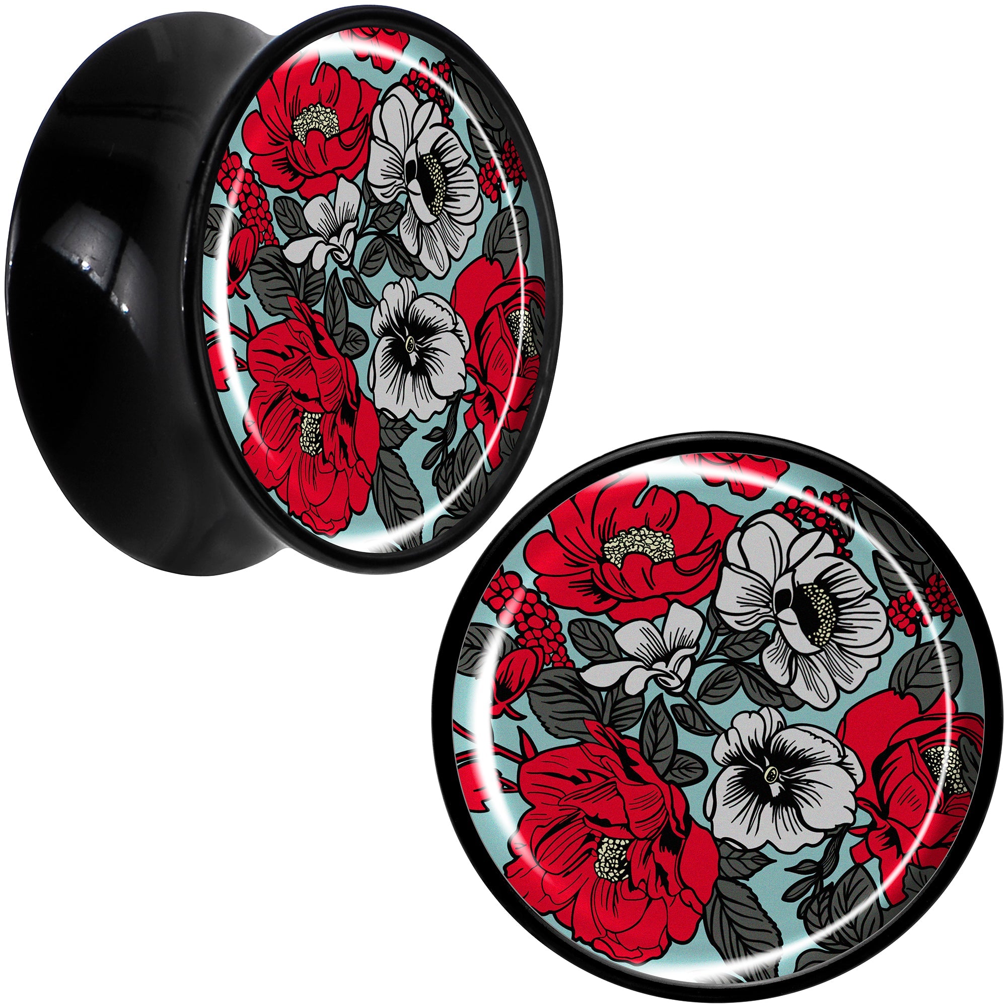 BodyCandy Blossom Creation Vibrant Bloom of Flowers Black Acrylic Saddle Plug Set by Onyx O — comparison shot