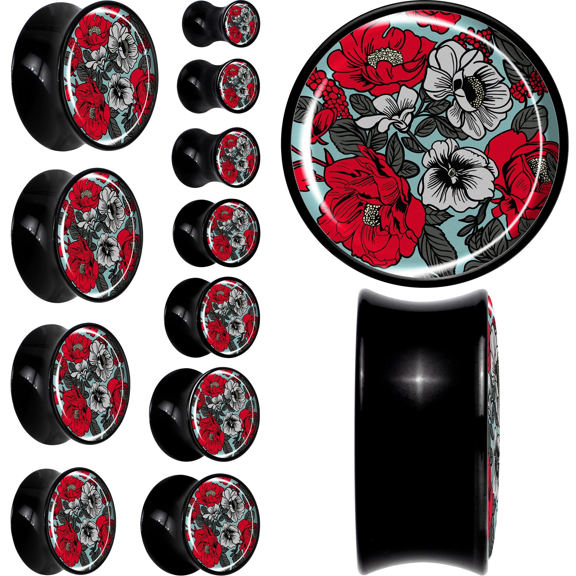 BodyCandy Blossom Creation Vibrant Bloom of Flowers Black Acrylic Saddle Plug Set by Onyx O — main product shot