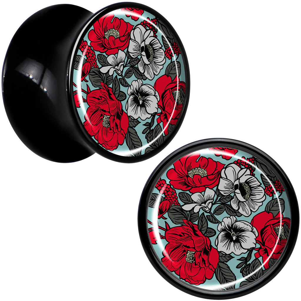 BodyCandy Blossom Creation Vibrant Bloom of Flowers Black Acrylic Saddle Plug Set by Onyx O — detail close-up