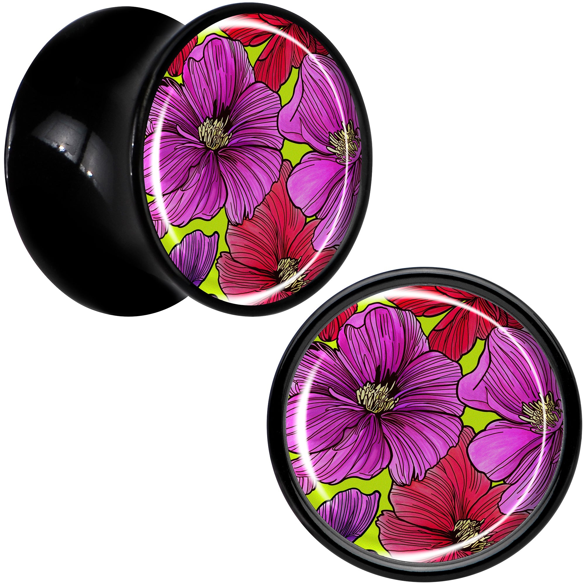 BodyCandy Blossom Creation Tropical Floral Flowers Black Acrylic Saddle Plug Set by Onyx O — size reference