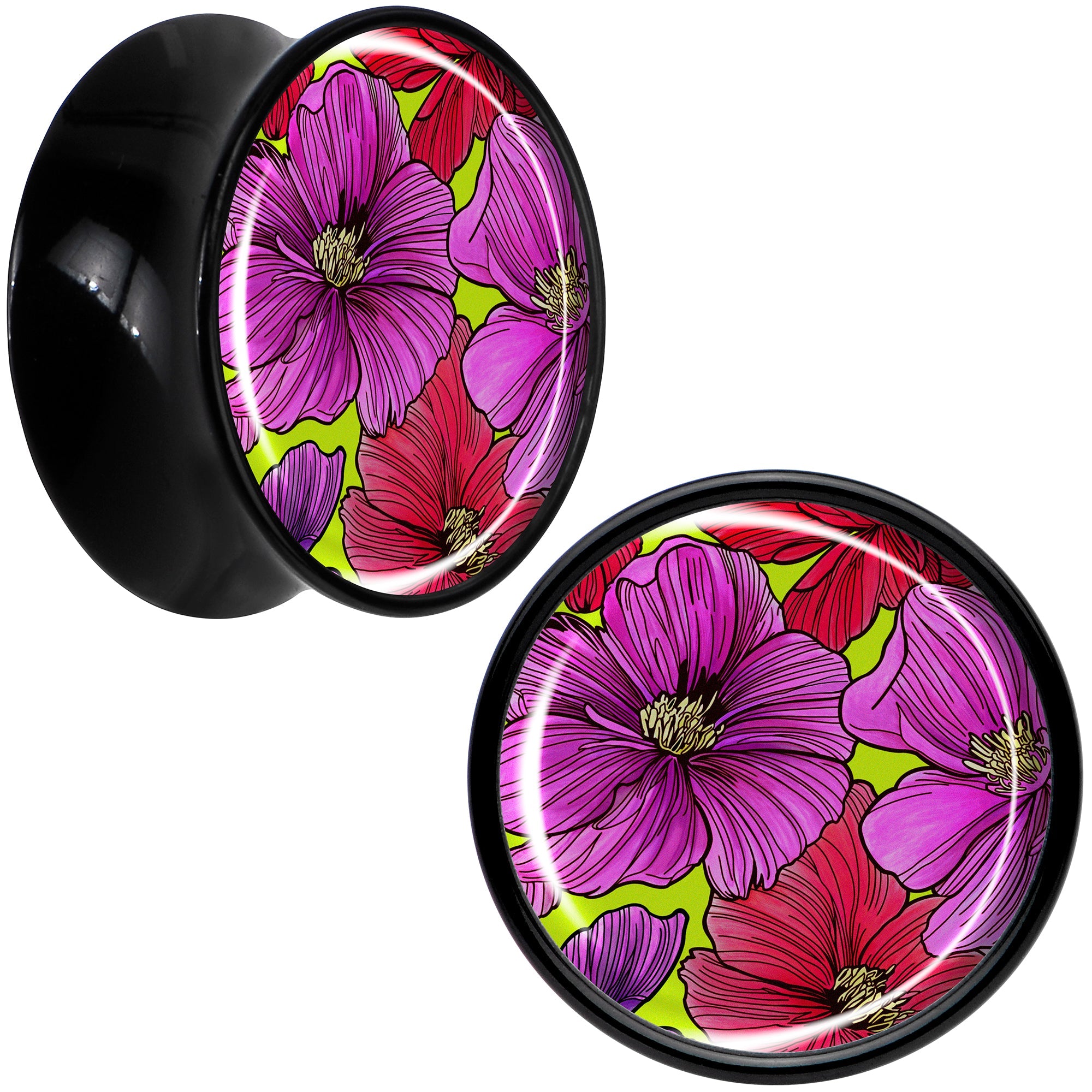 BodyCandy Blossom Creation Tropical Floral Flowers Black Acrylic Saddle Plug Set by Onyx O — color detail